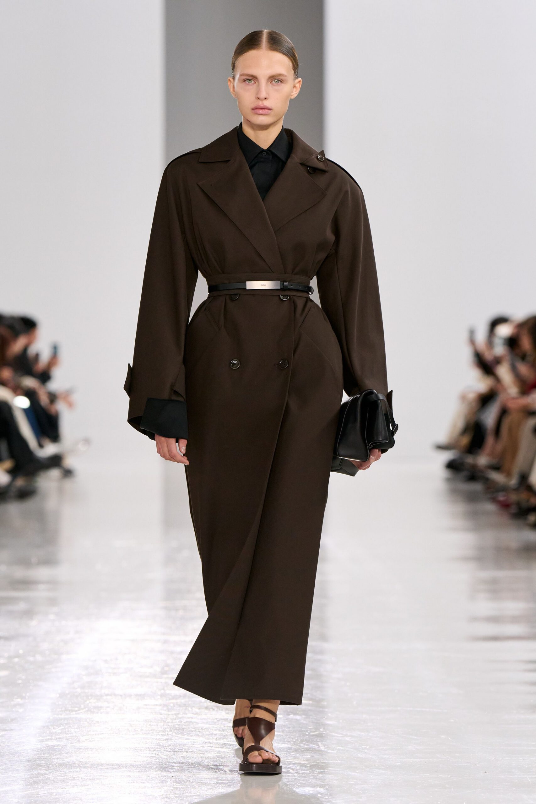 brown cotton long-sleeve collared relaxed belted maxi trench