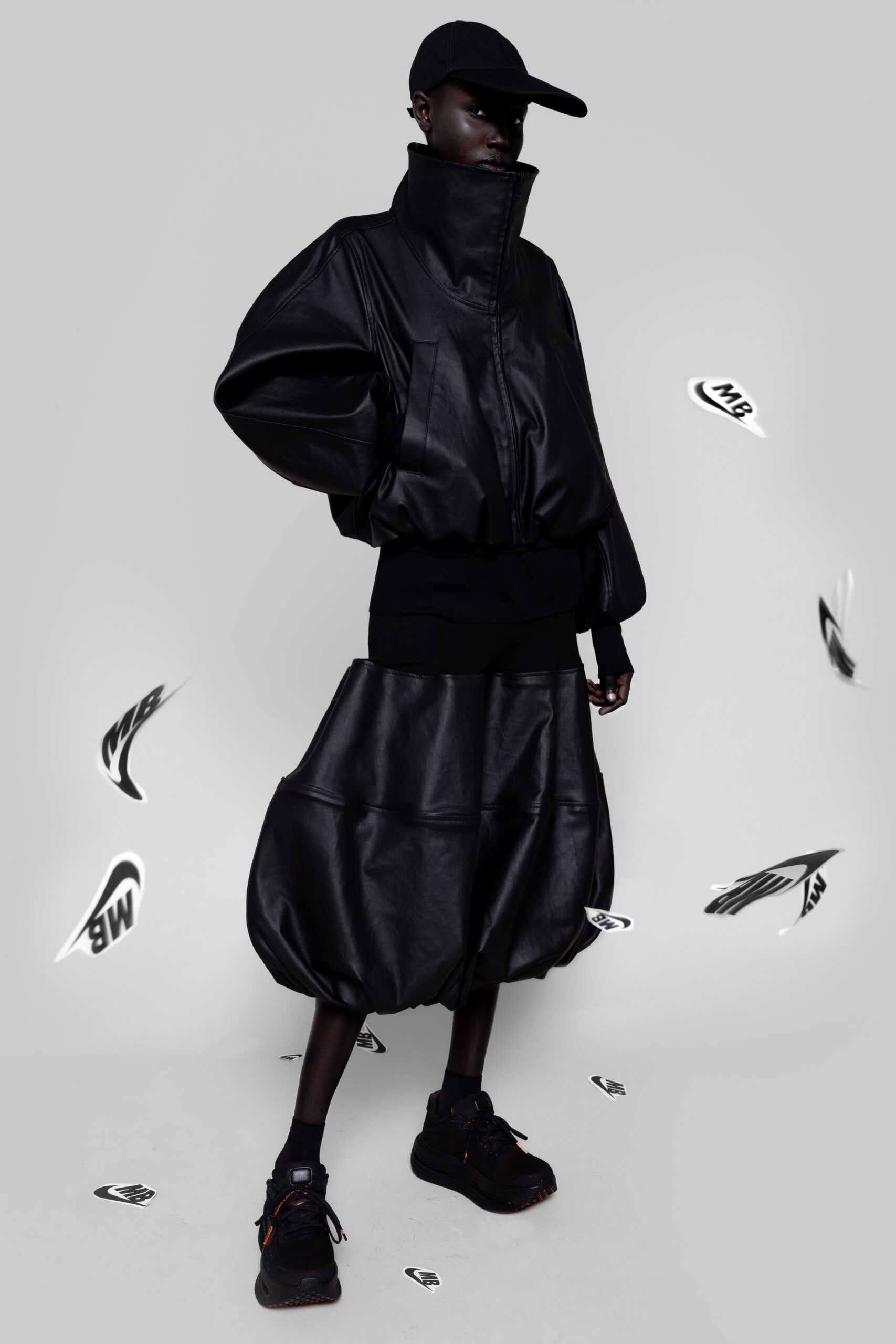 black leather oversized jacket and skirt