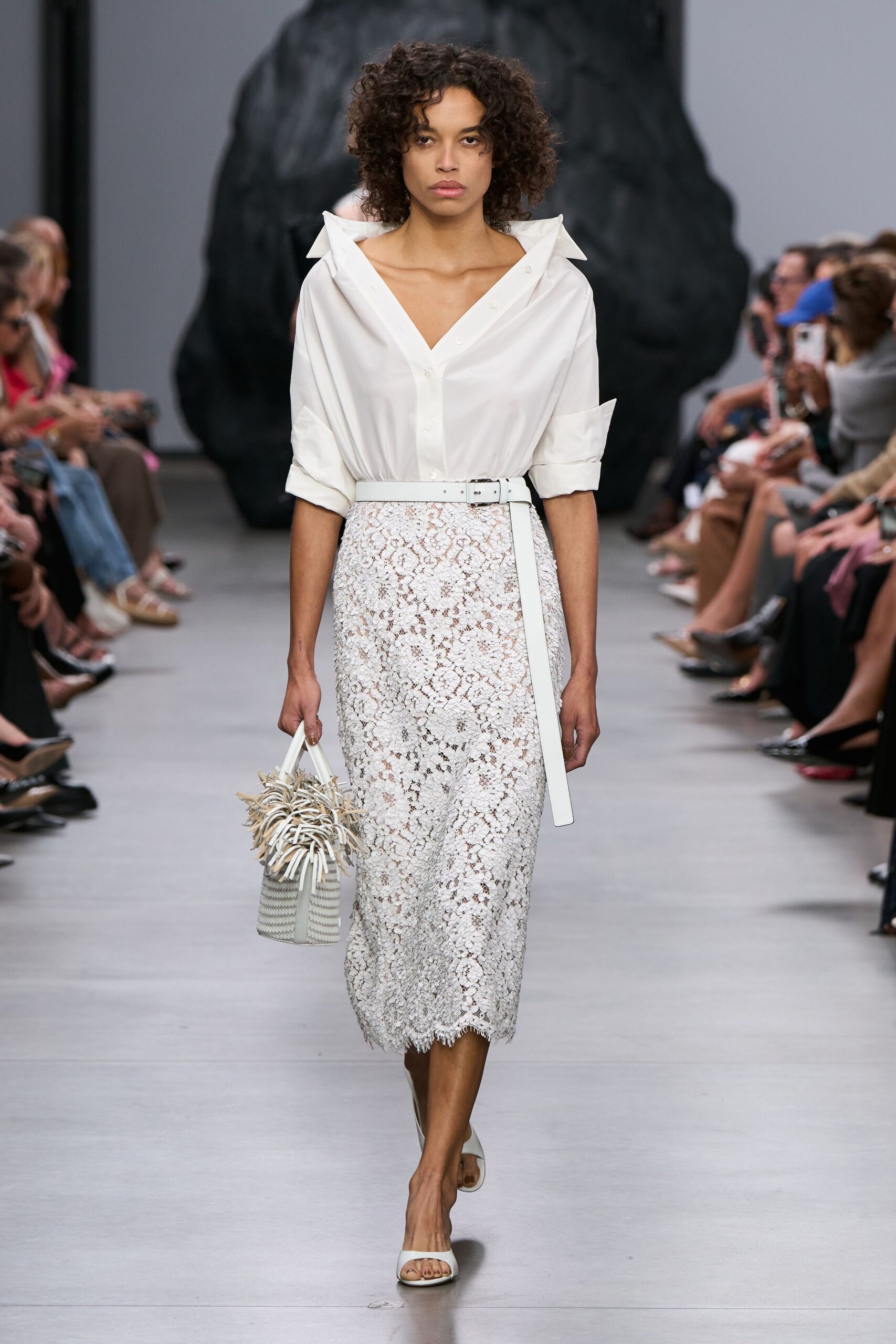 white shirt and lace midi skirt