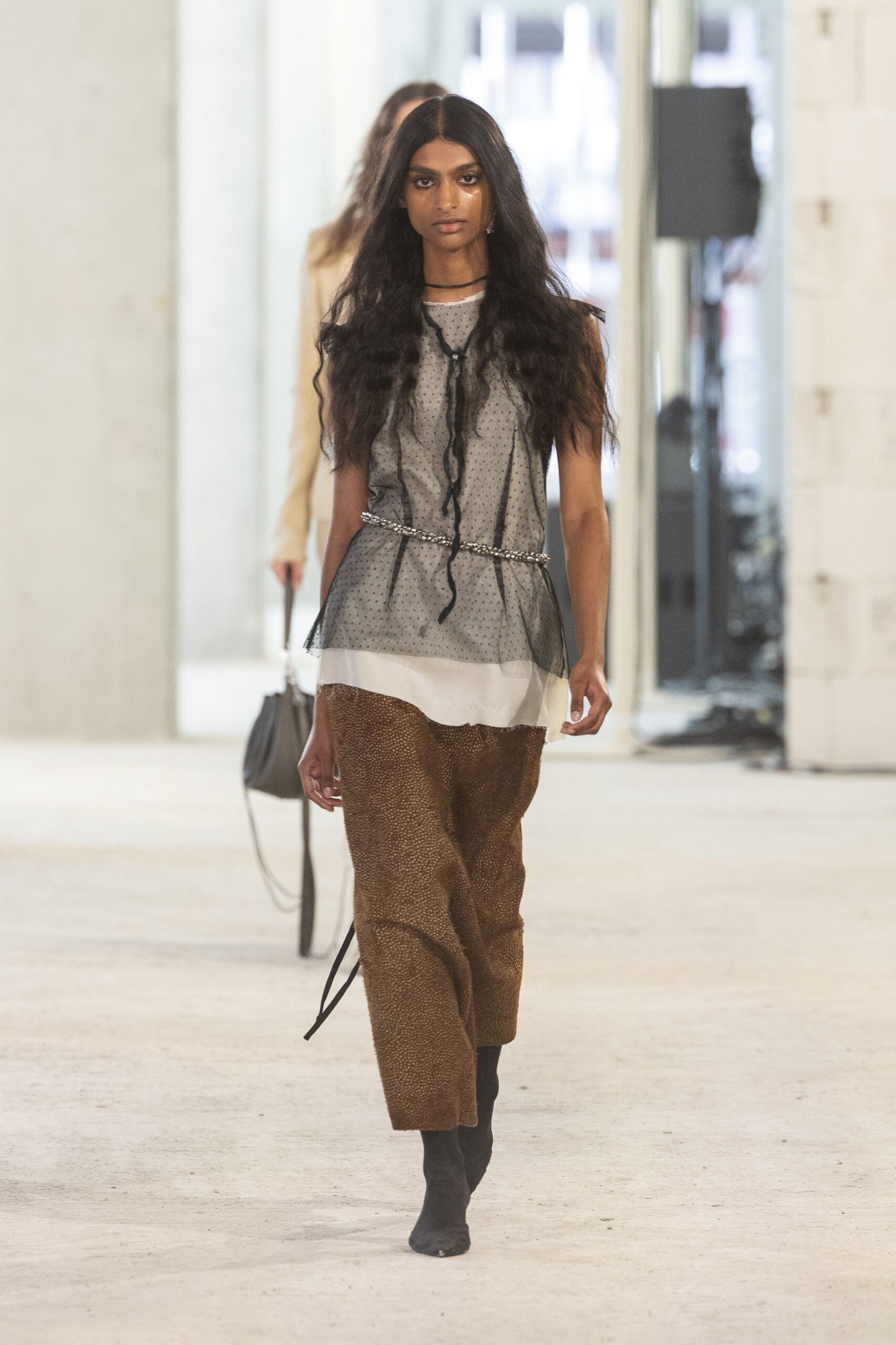 gray cotton sleeveless v-neck fitted layered pleated top