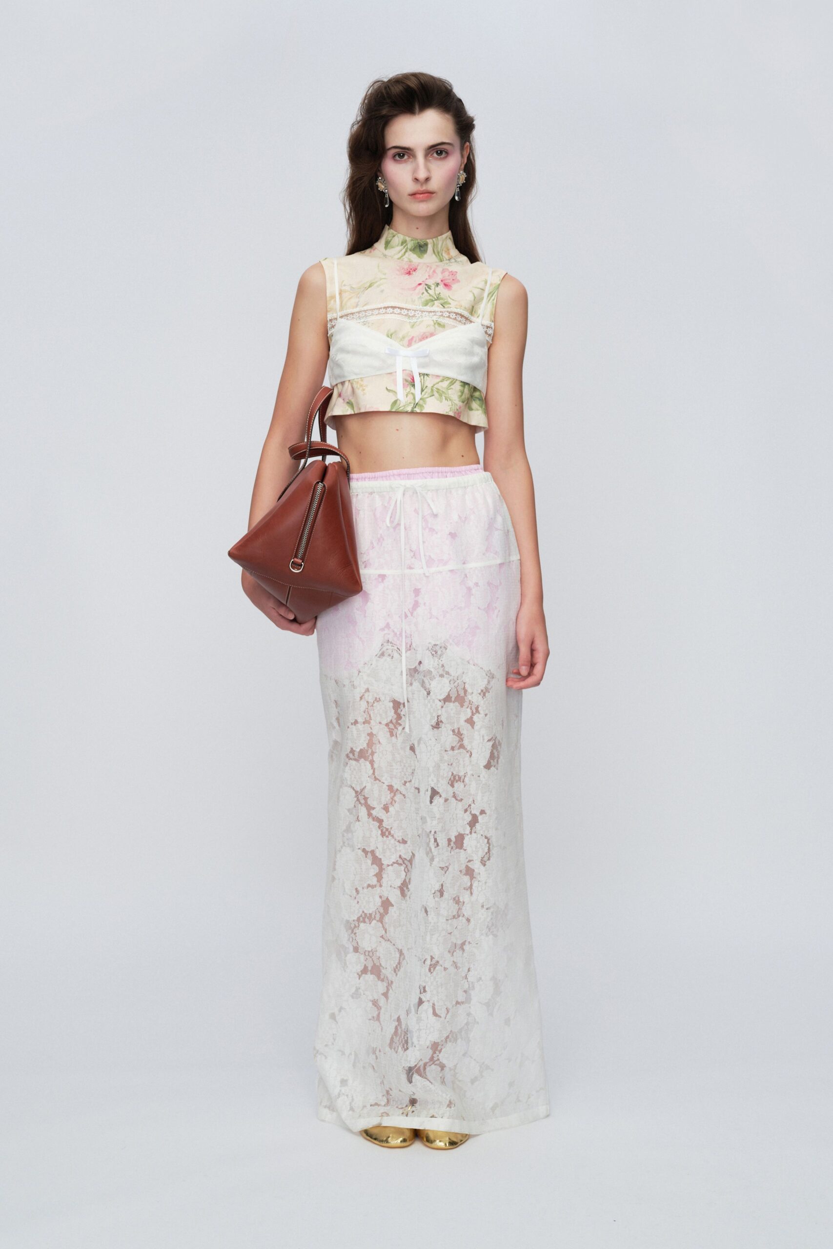 white silk sleeveless high-neck fitted embroidered cropped top