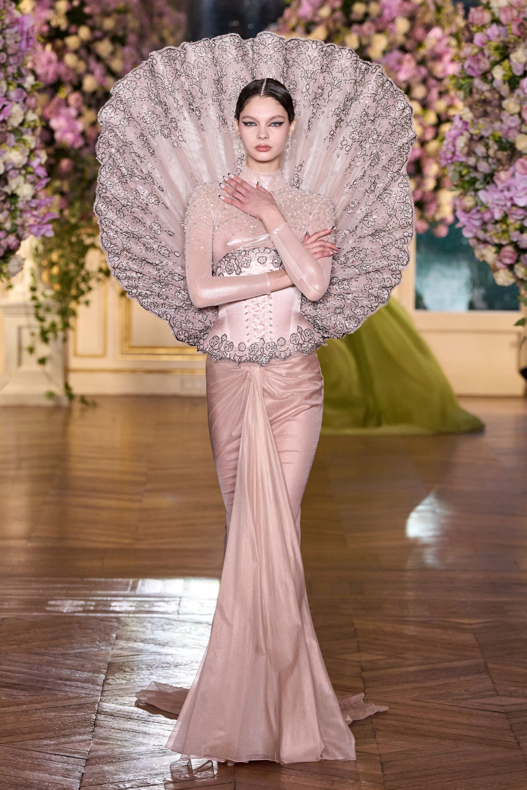 pink tulle sleeveless oversized layered sheer cape