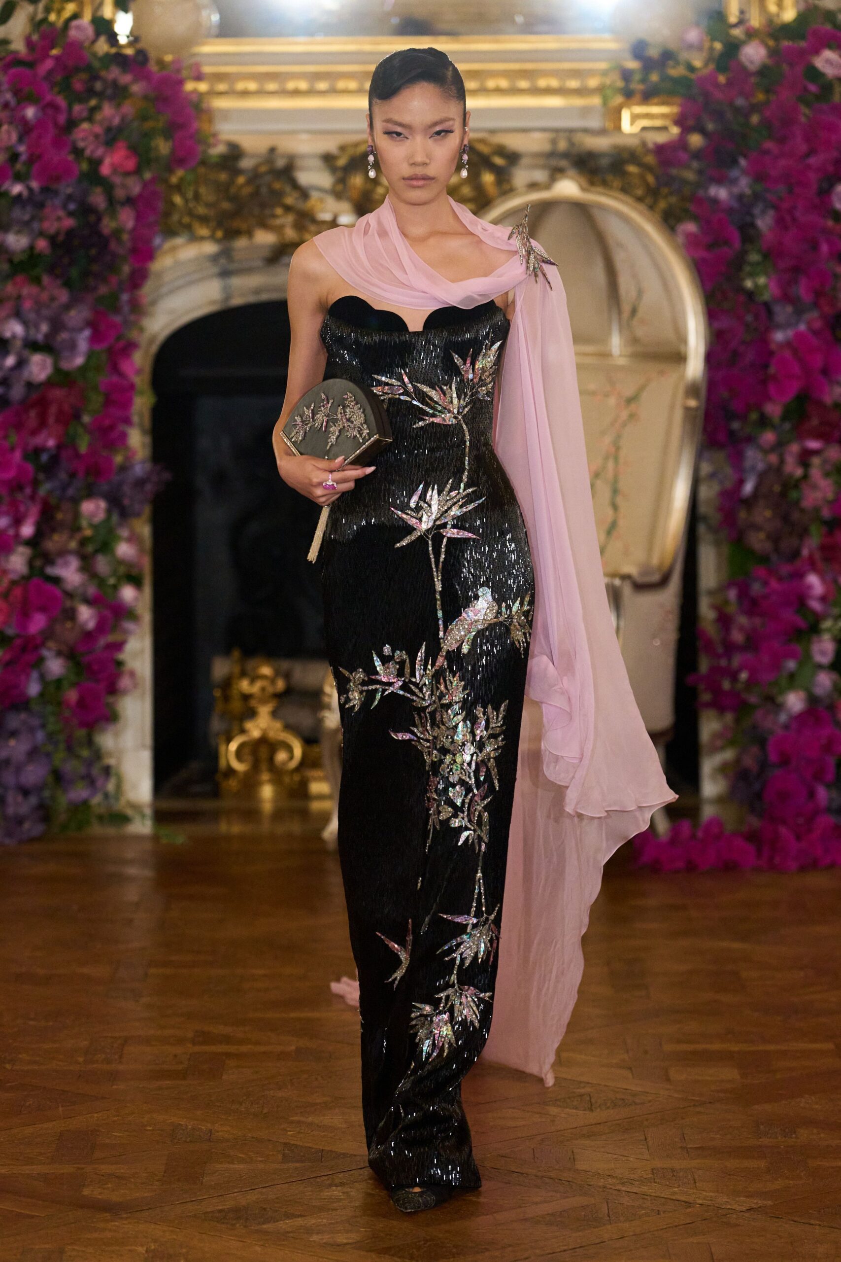 black silk sleeveless off-shoulder fitted embellished flared gown