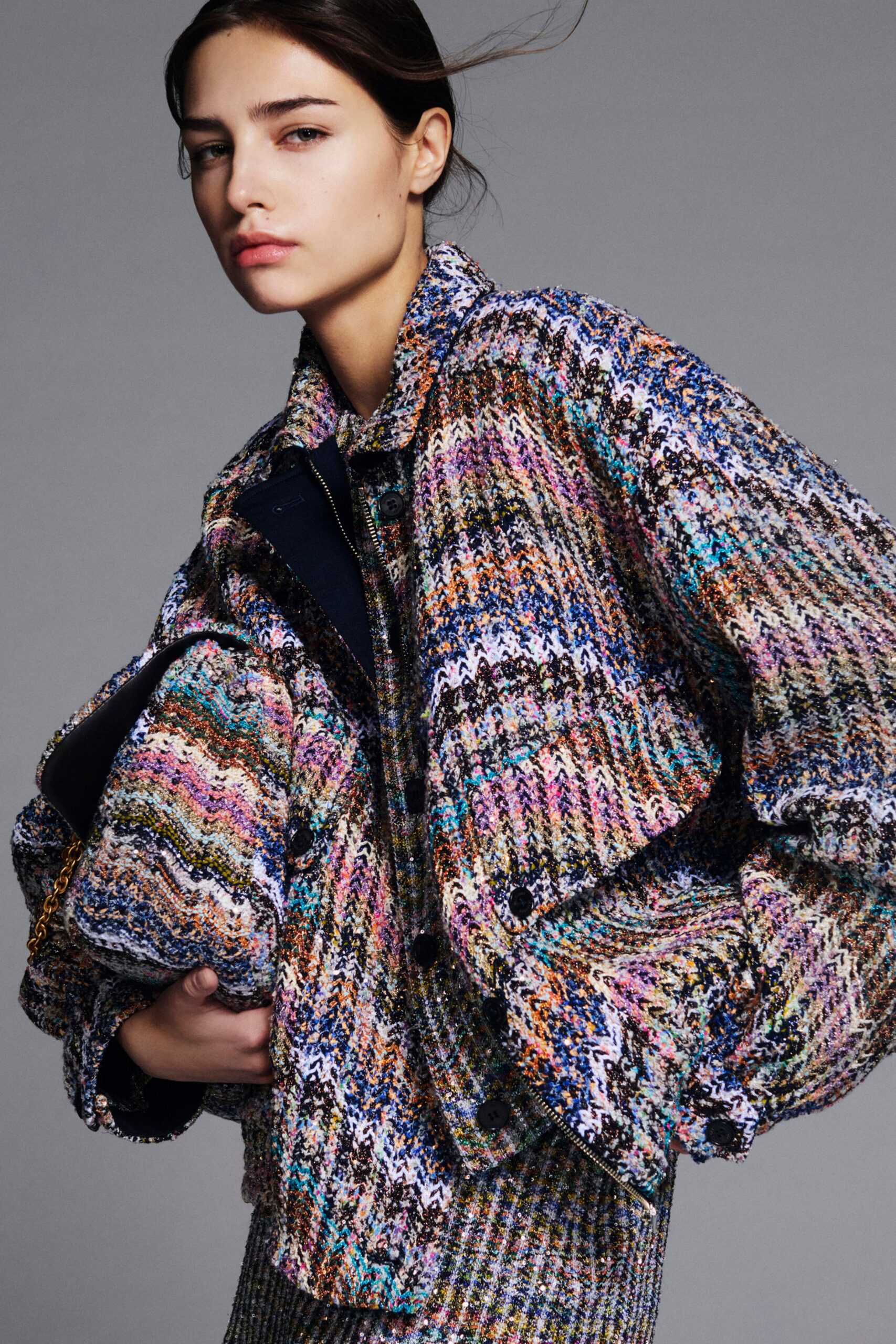 multi tweed long-sleeve collared oversized layered jacket