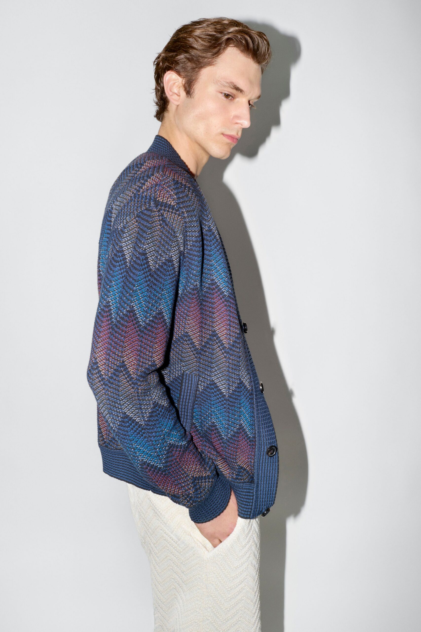 blue cotton long-sleeve collared relaxed zigzag jacket