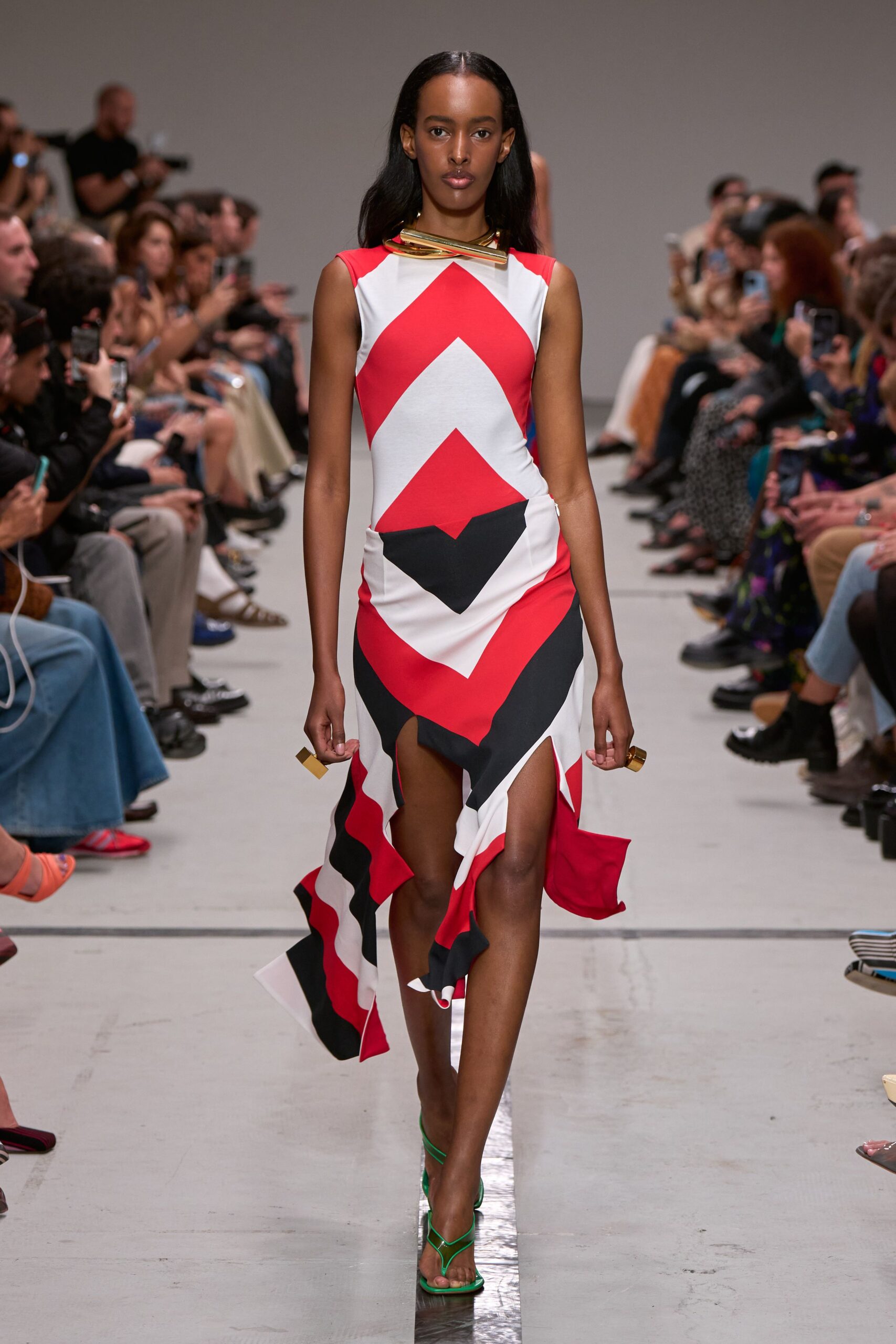 red silk sleeveless v-neck fitted color-blocked draped dress