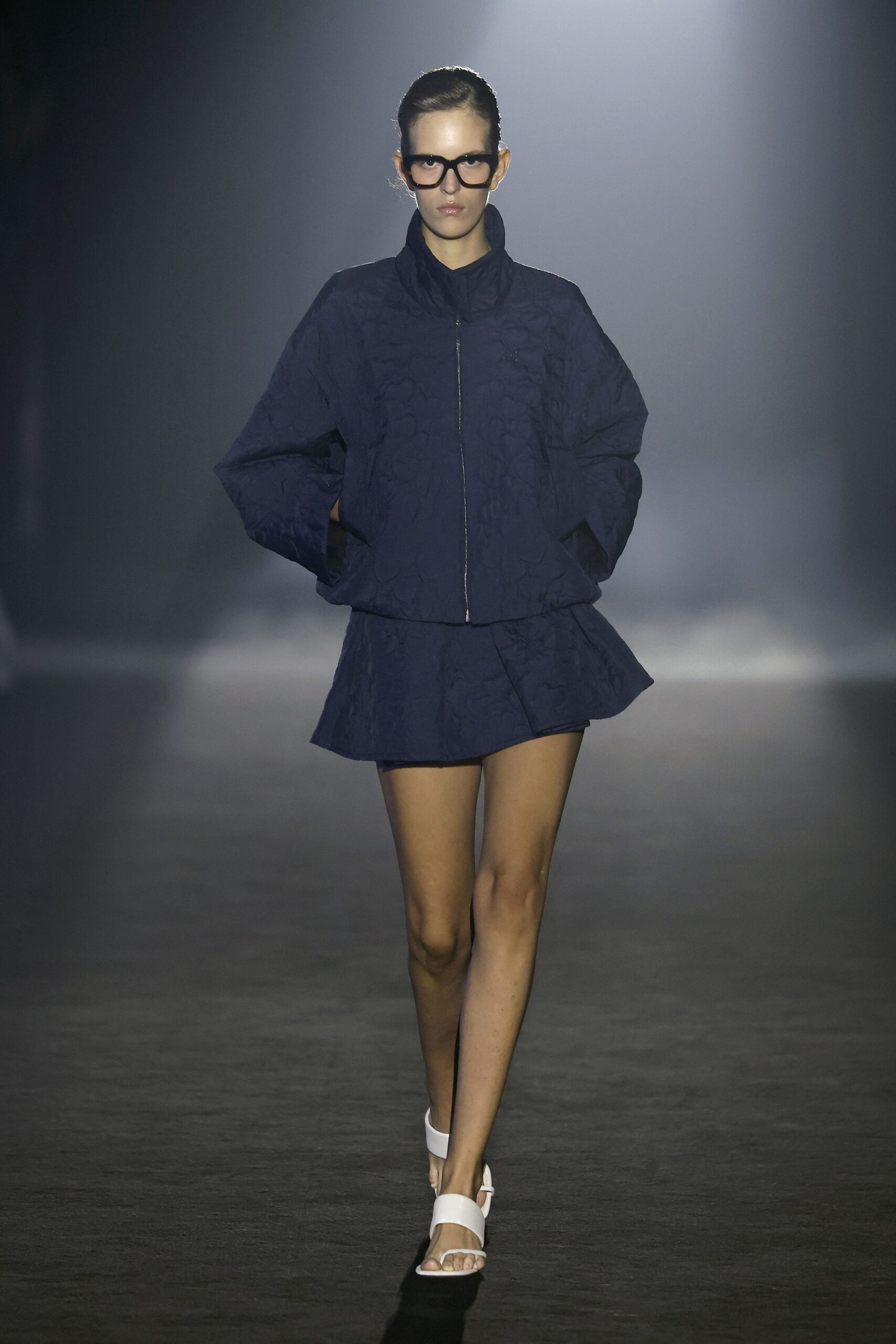 blue cotton long-sleeve collared relaxed zippered textured jacket