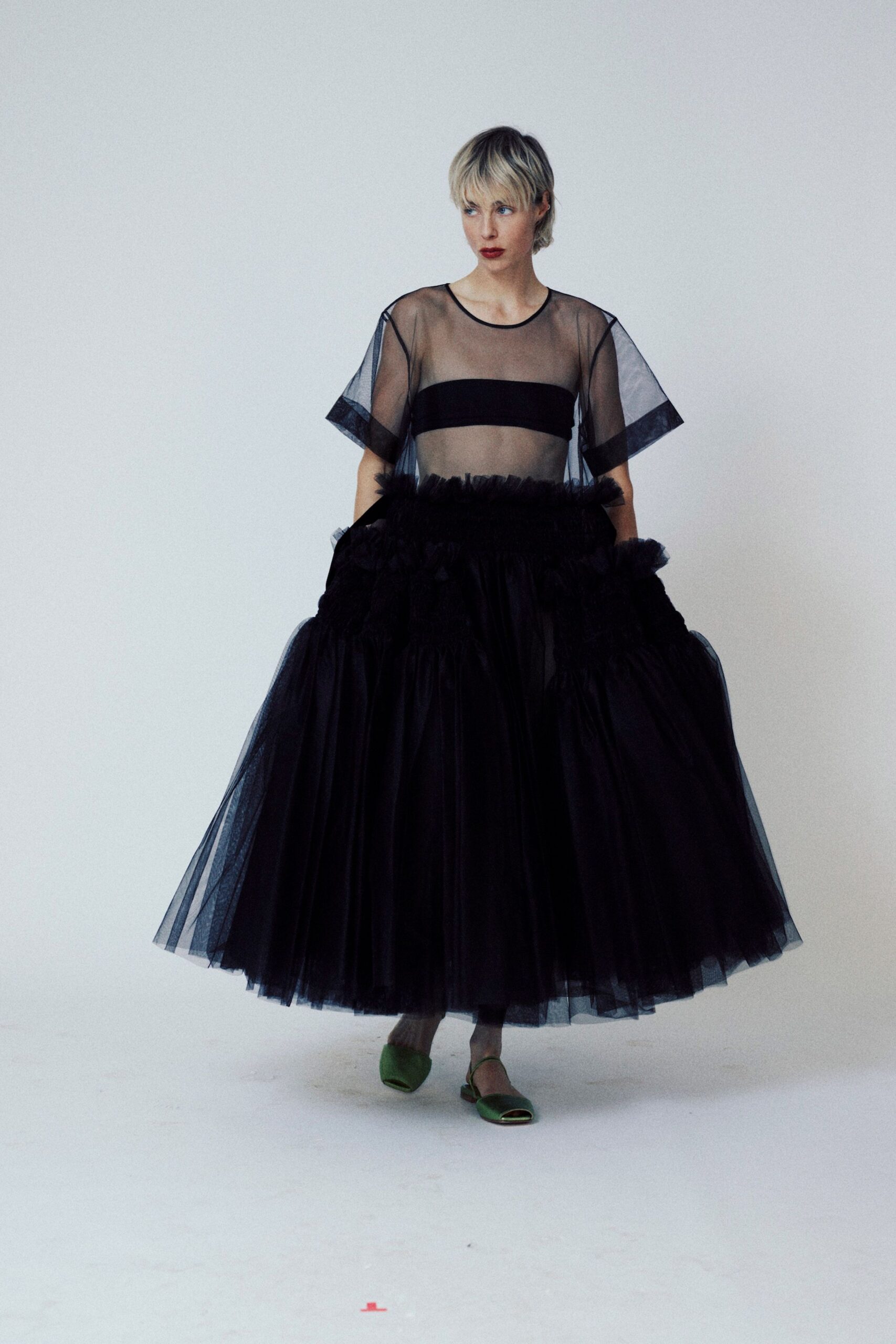 black mesh short-sleeve scoop-neck relaxed sheer top