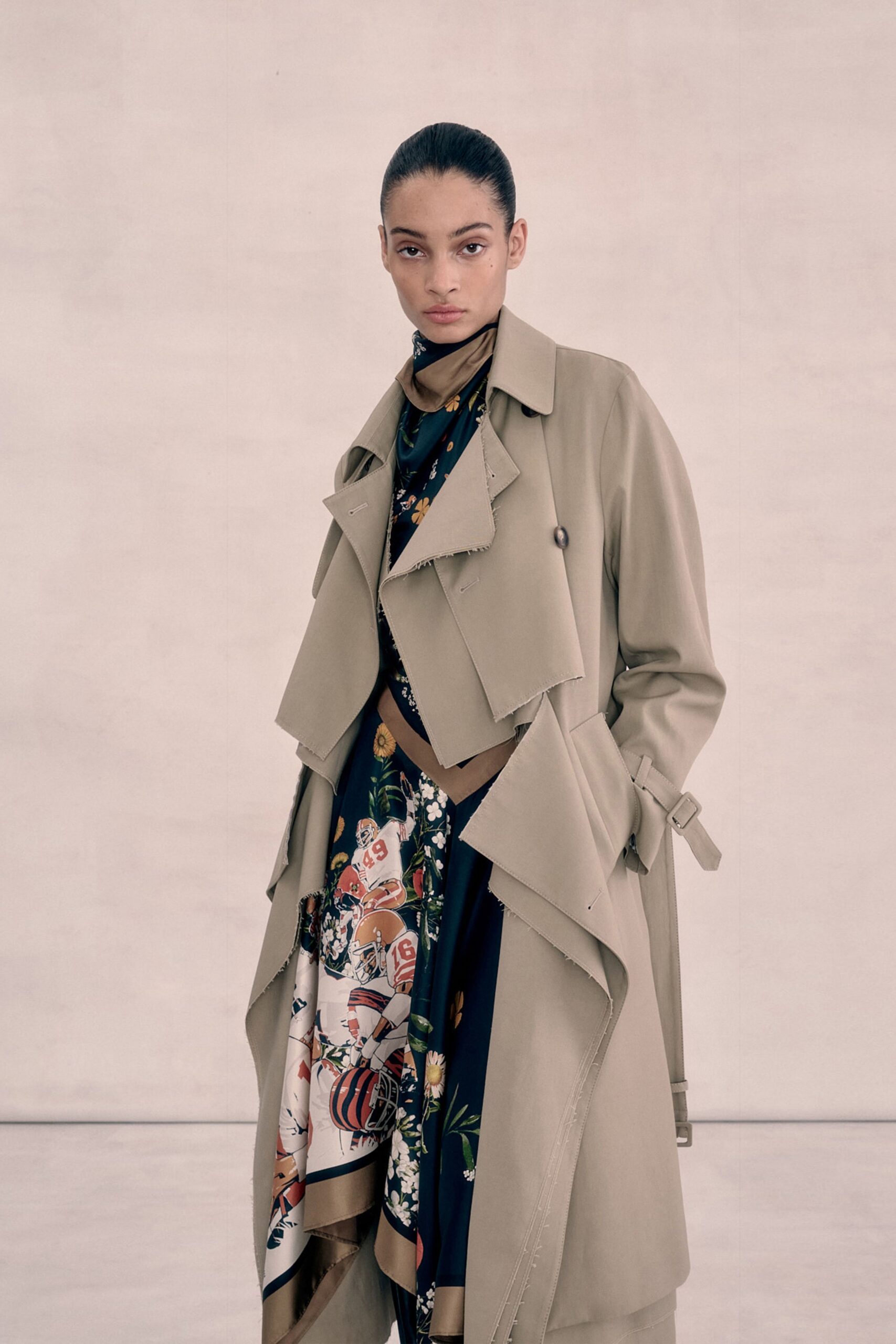 beige cotton long-sleeve collared relaxed layered belted trench