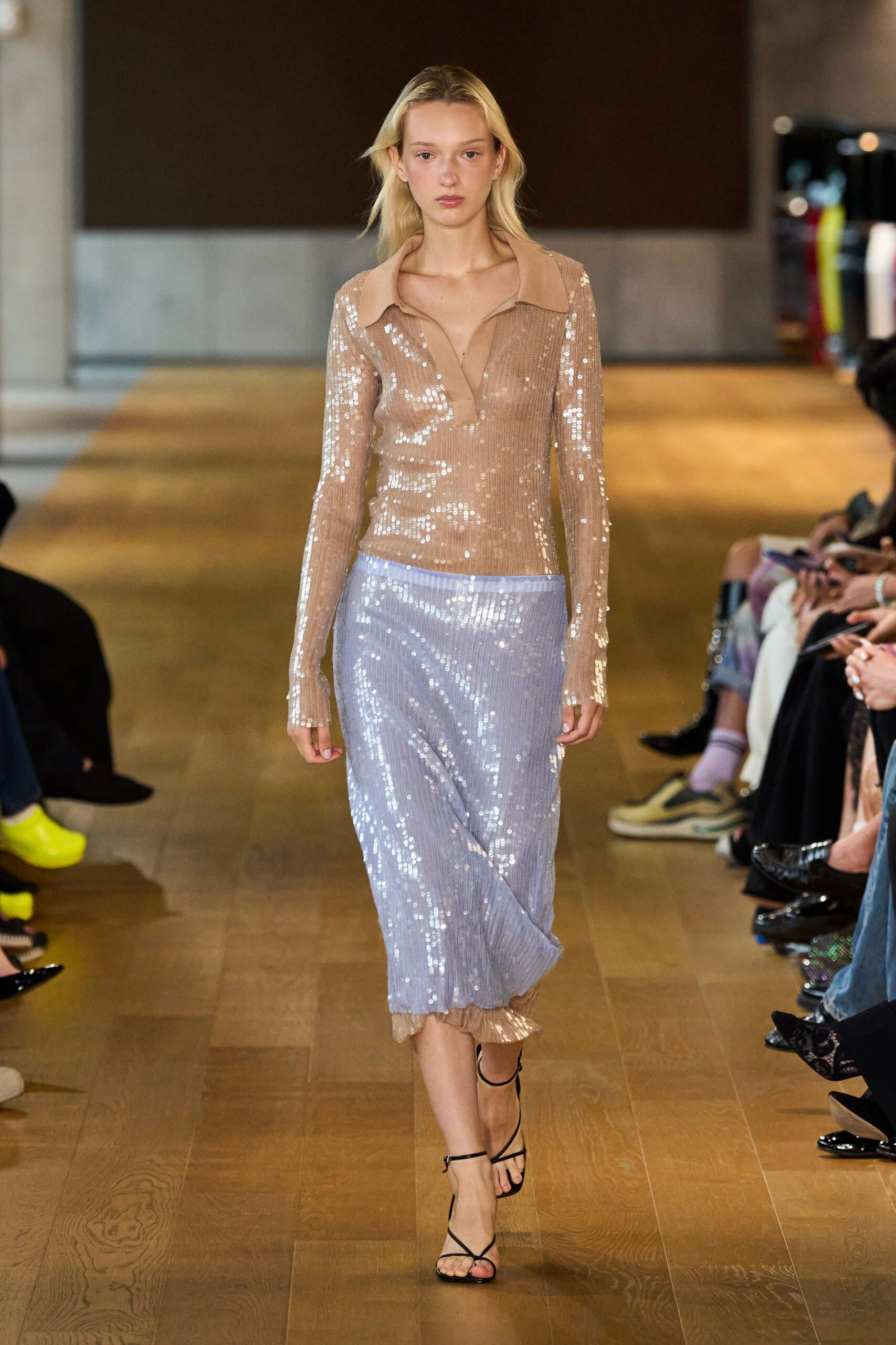 beige sequin long-sleeve v-neck fitted shiny top