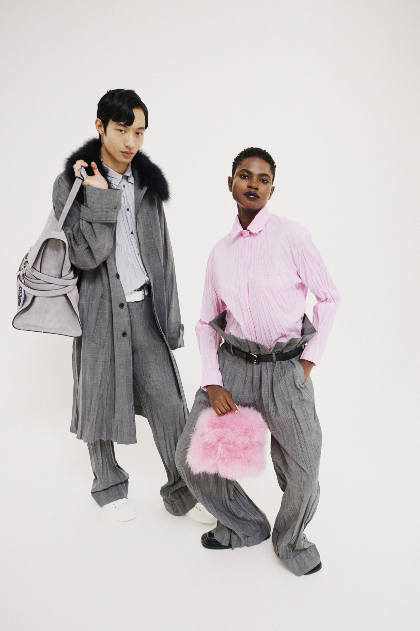 gray wool coat and tailored pants