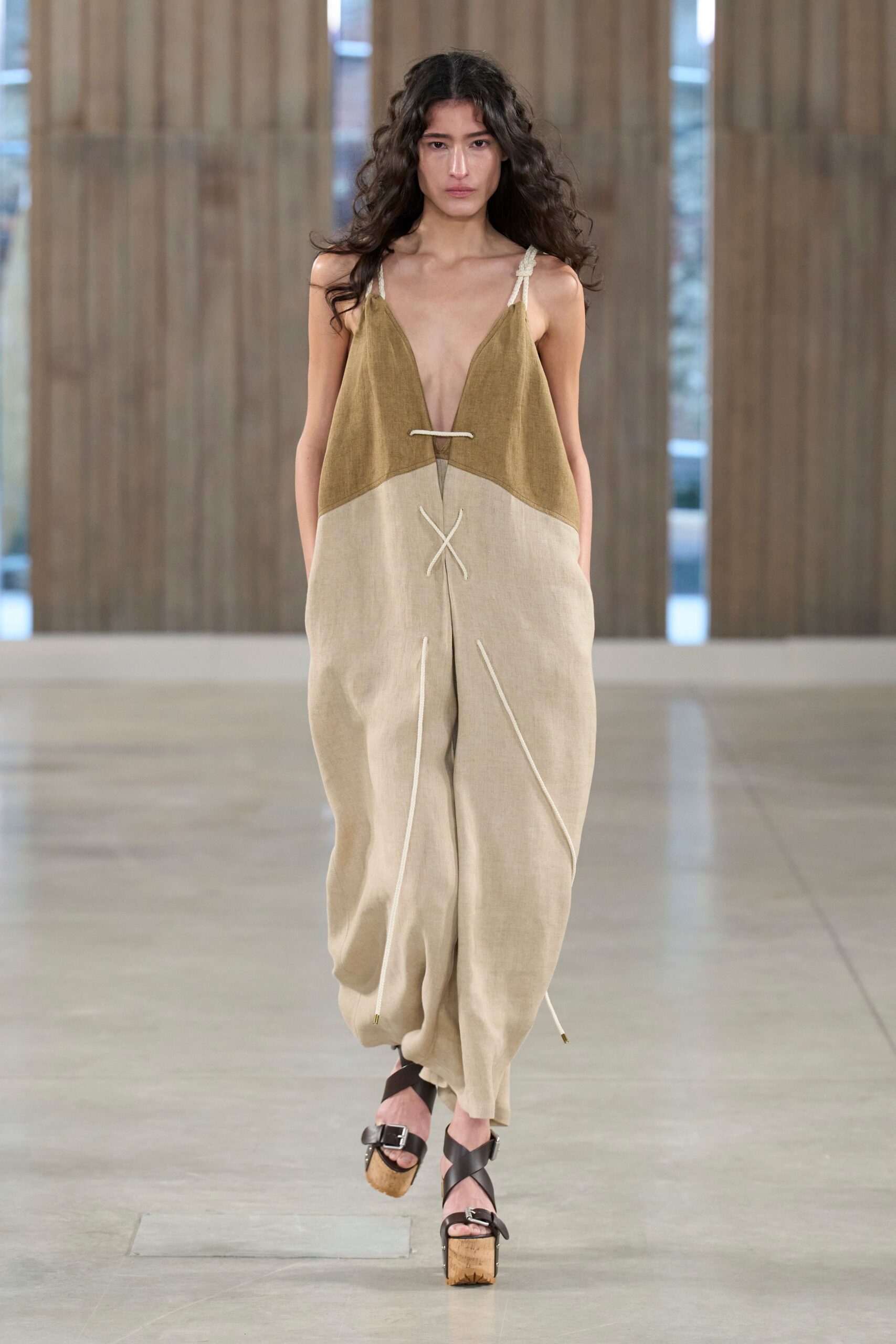 beige cotton sleeveless v-neck relaxed pockets zippered jumpsuit