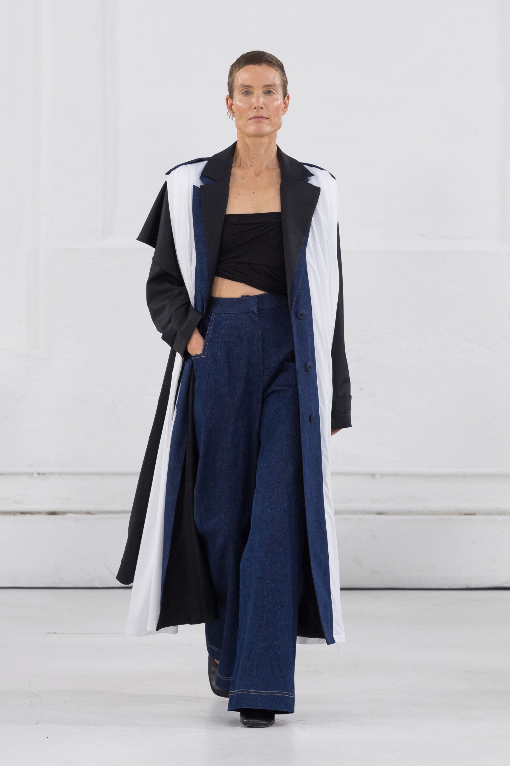 black and white coat with denim pants