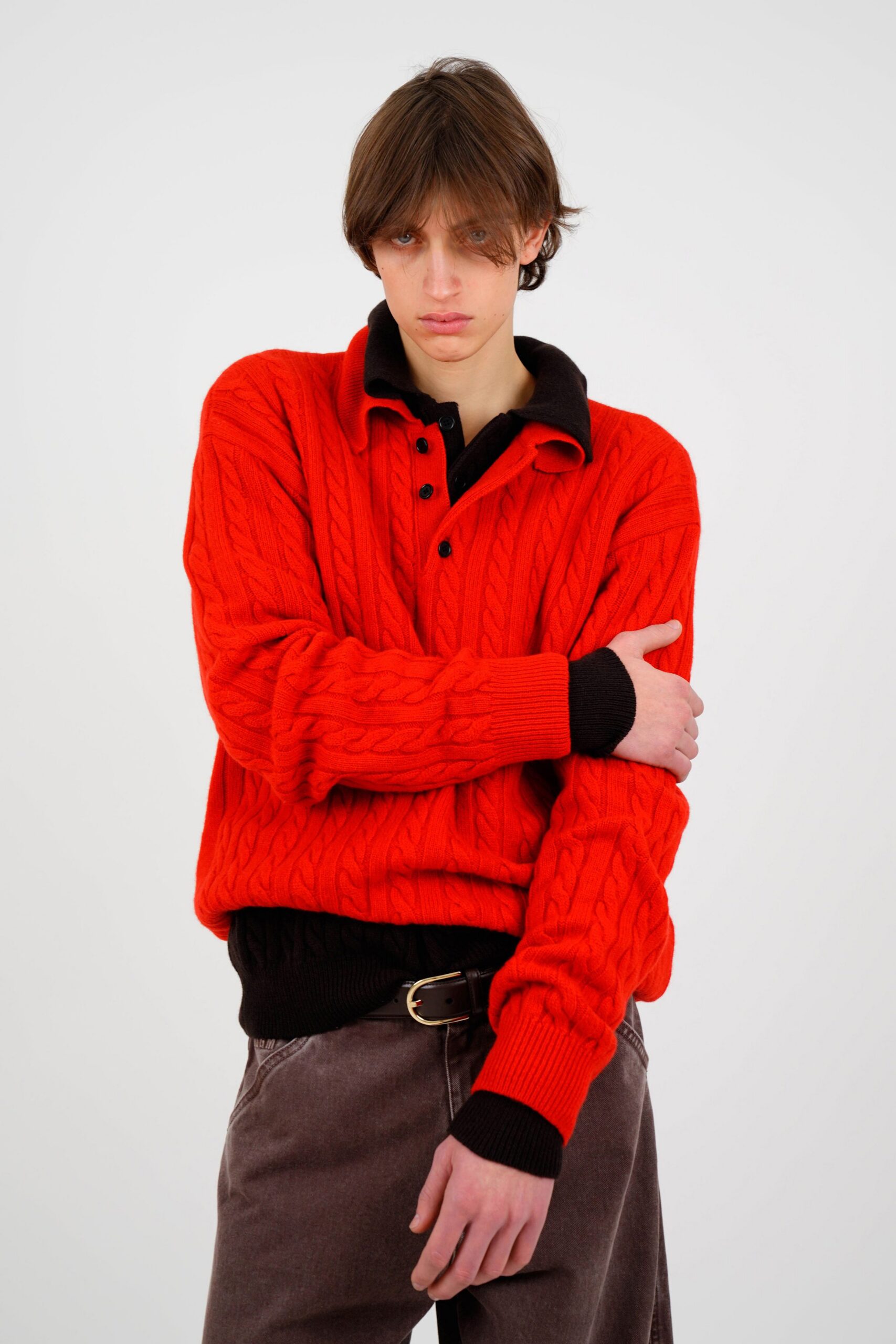 red wool long-sleeve collared relaxed sweater