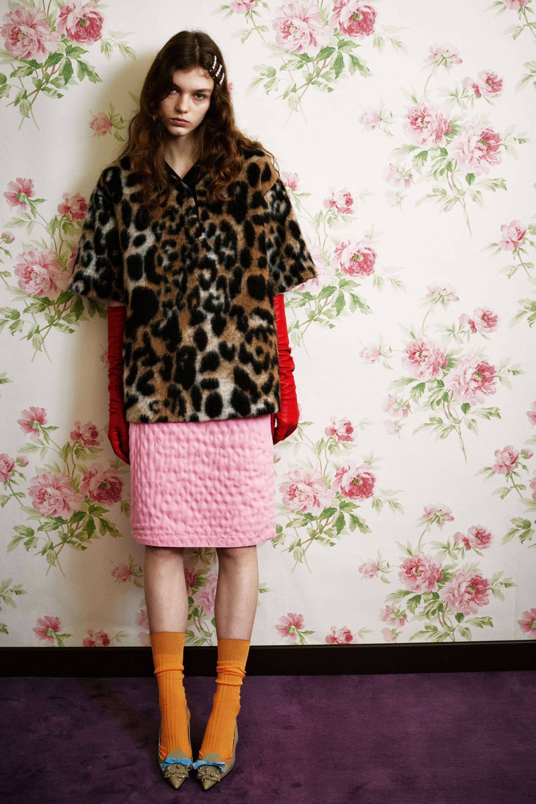 animal-print fur top with pink skirt