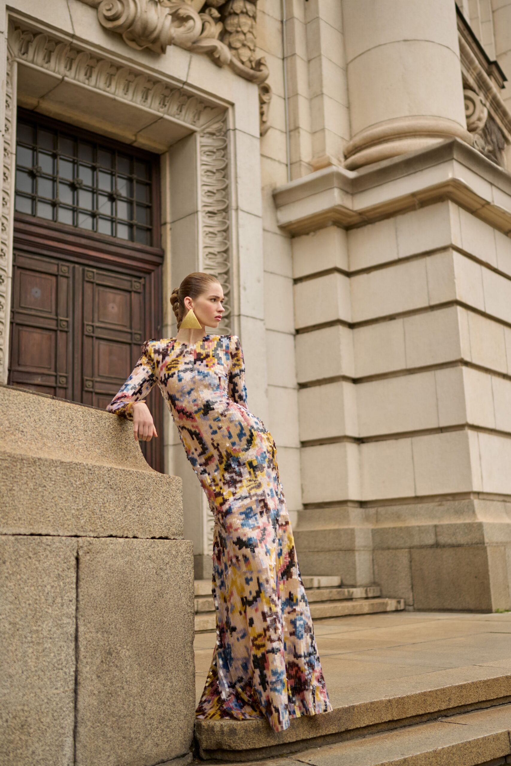 multi-colored silk fitted gown