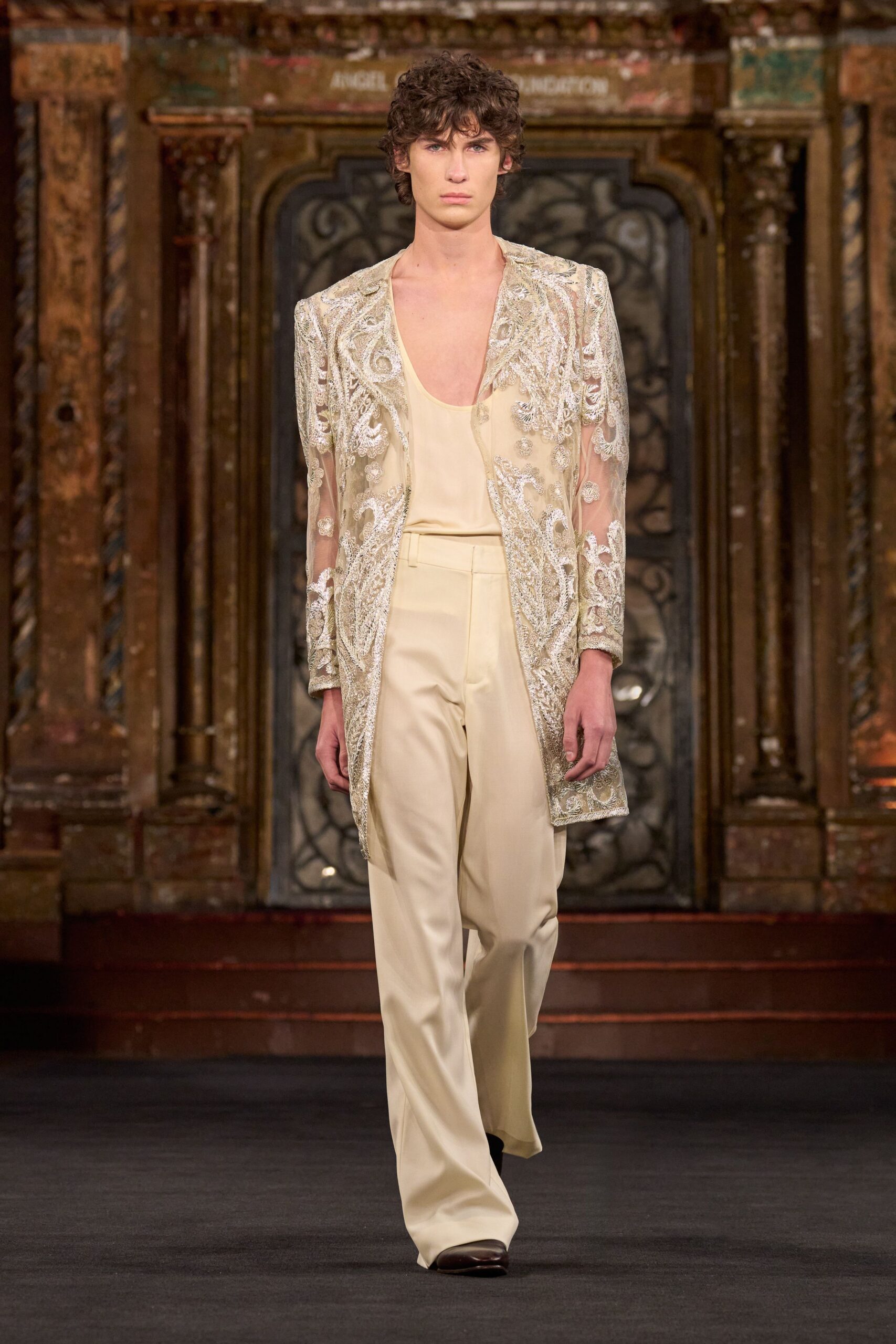beige silk long-sleeve v-neck relaxed embroidered sheer blazer