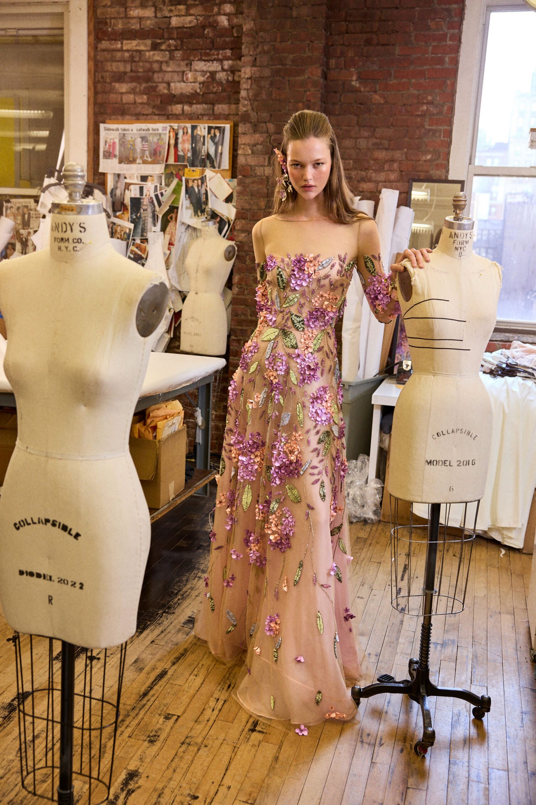 pink embroidered off-shoulder gown
