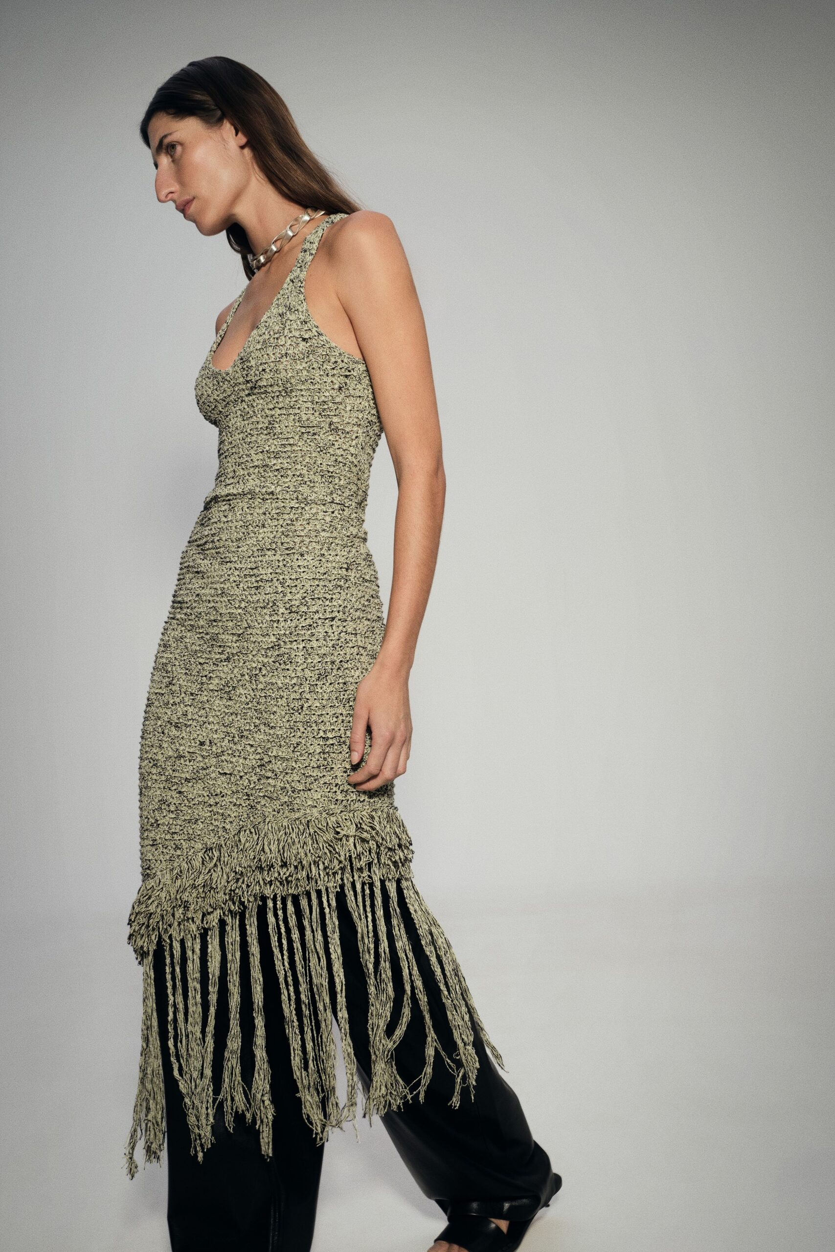 black and beige fringed maxi dress