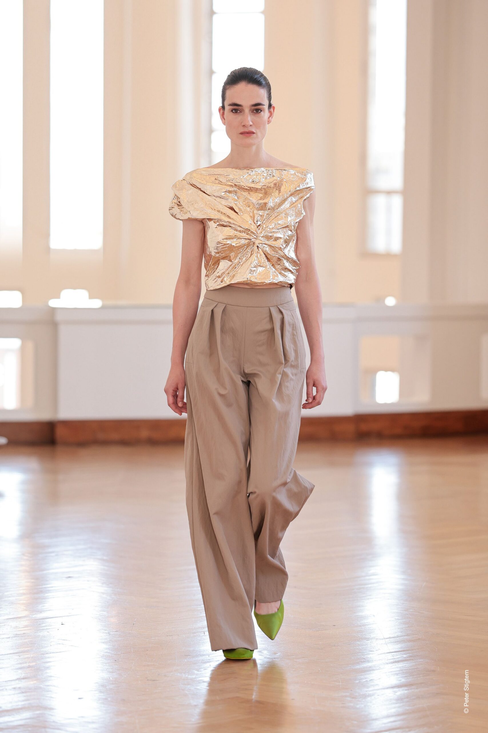 gold metallic sleeveless high-neck fitted draped shiny top