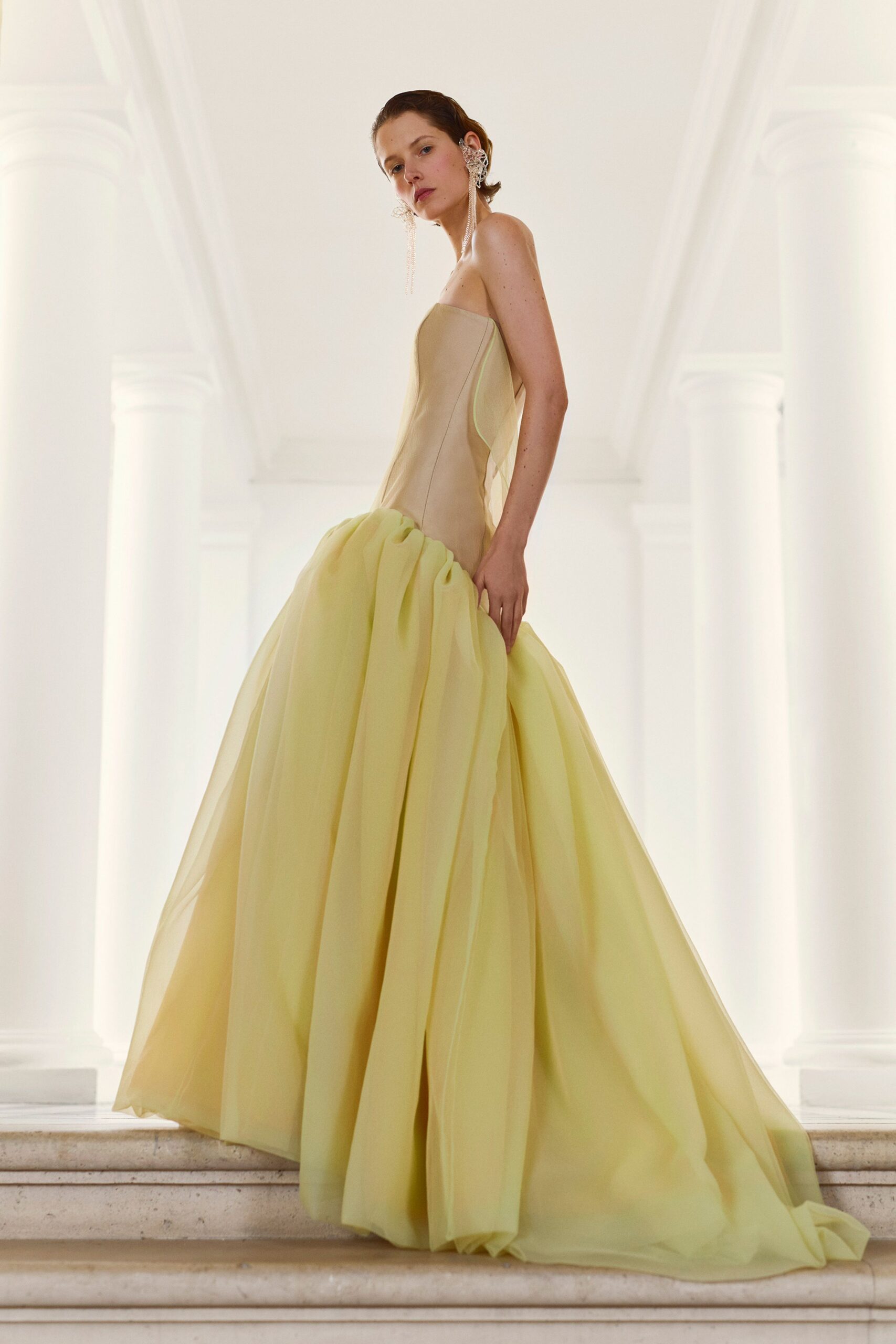 yellow silk strapless gown