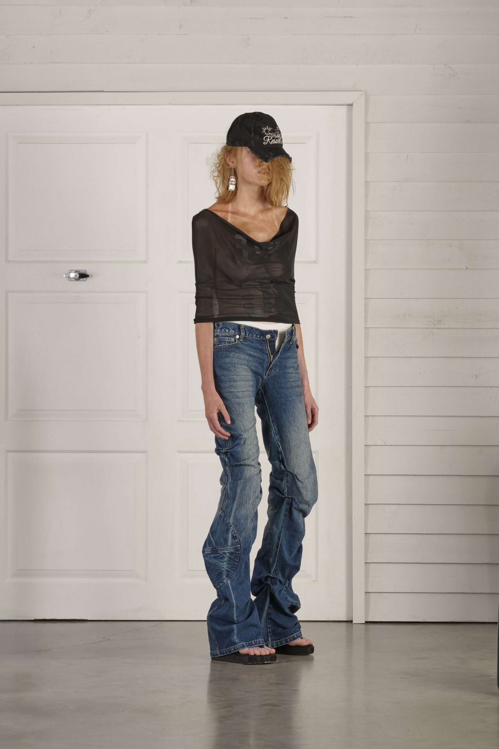 black mesh long-sleeve v-neck fitted sheer top
