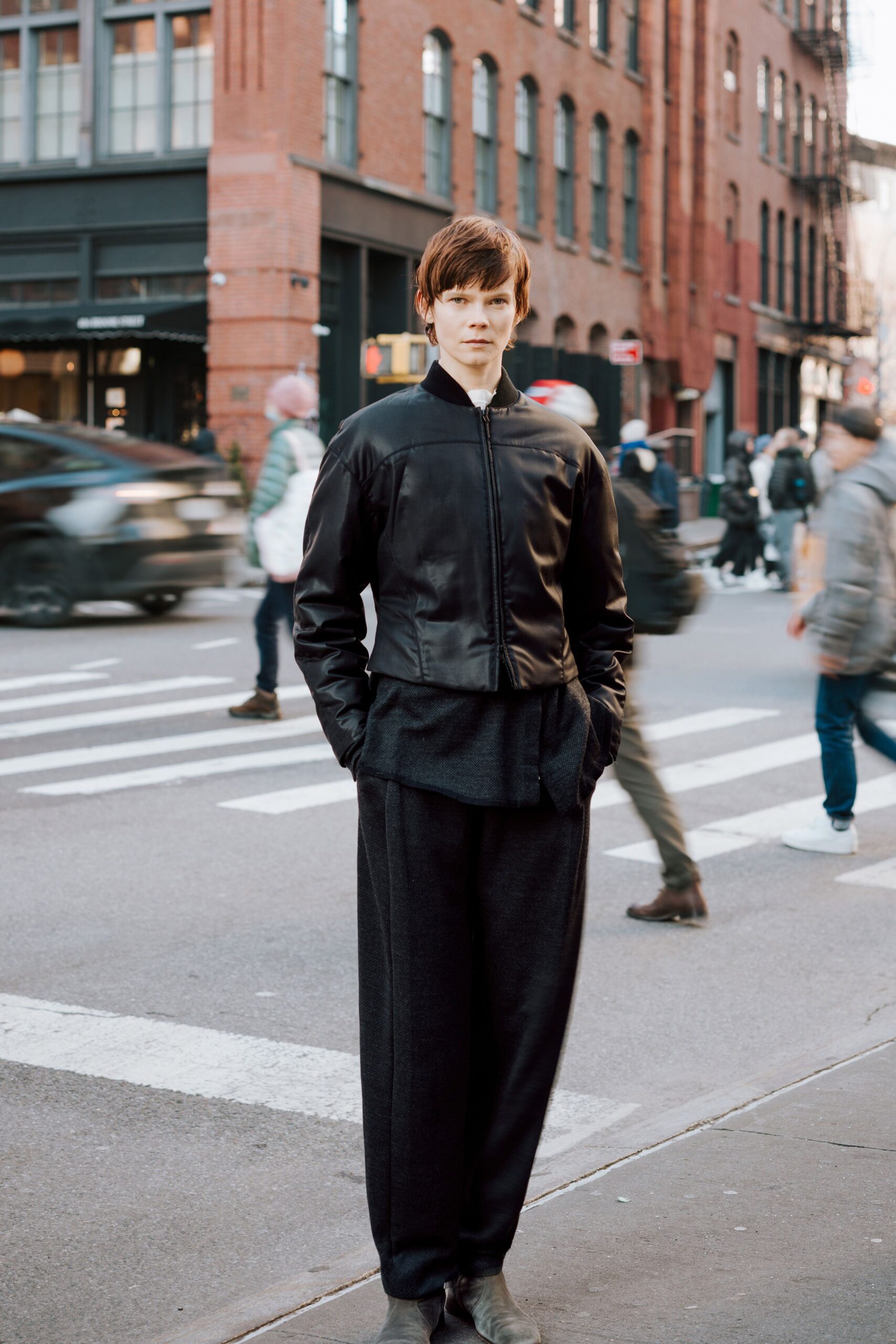 black leather jacket gray pants