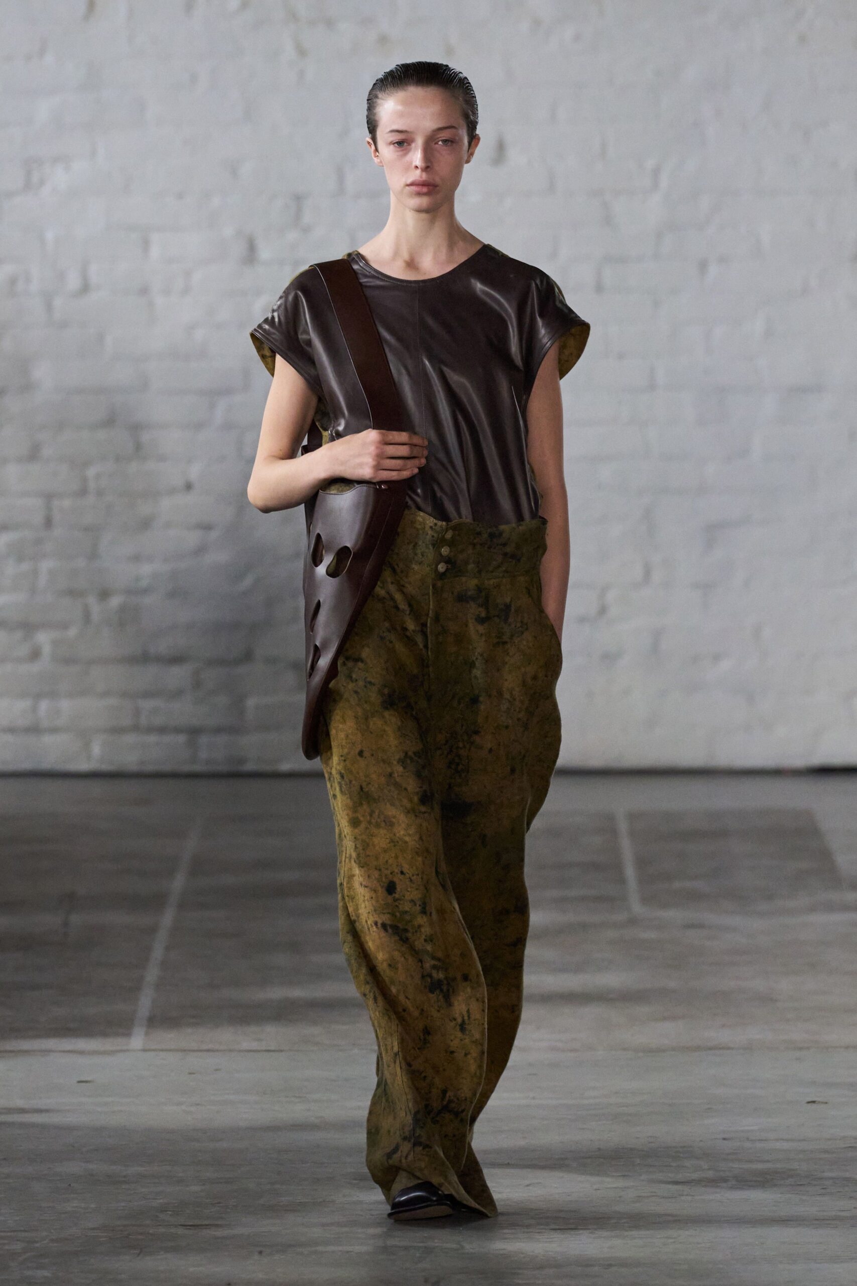 brown leather short-sleeve relaxed top