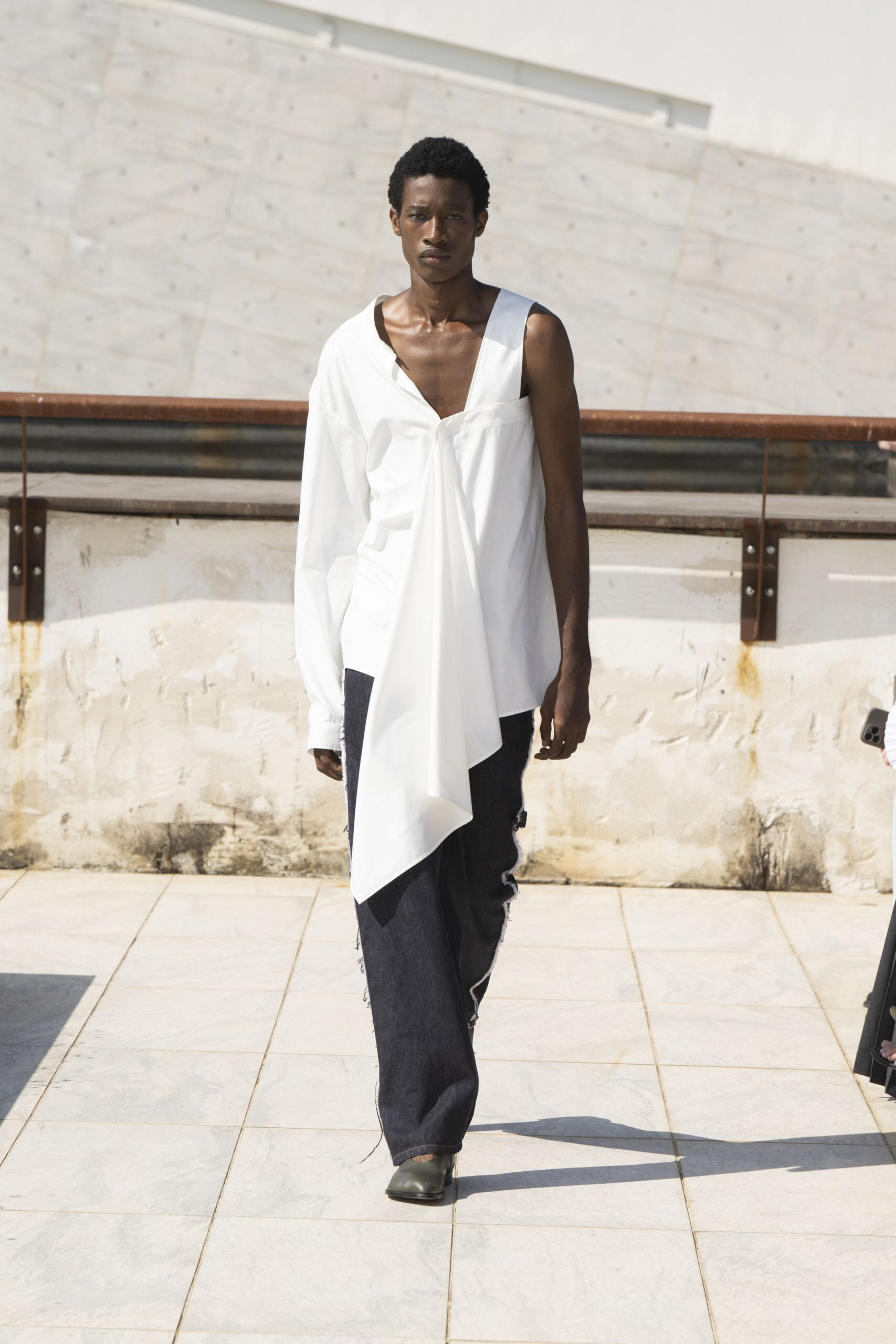 white cotton long-sleeve v-neck relaxed shirt