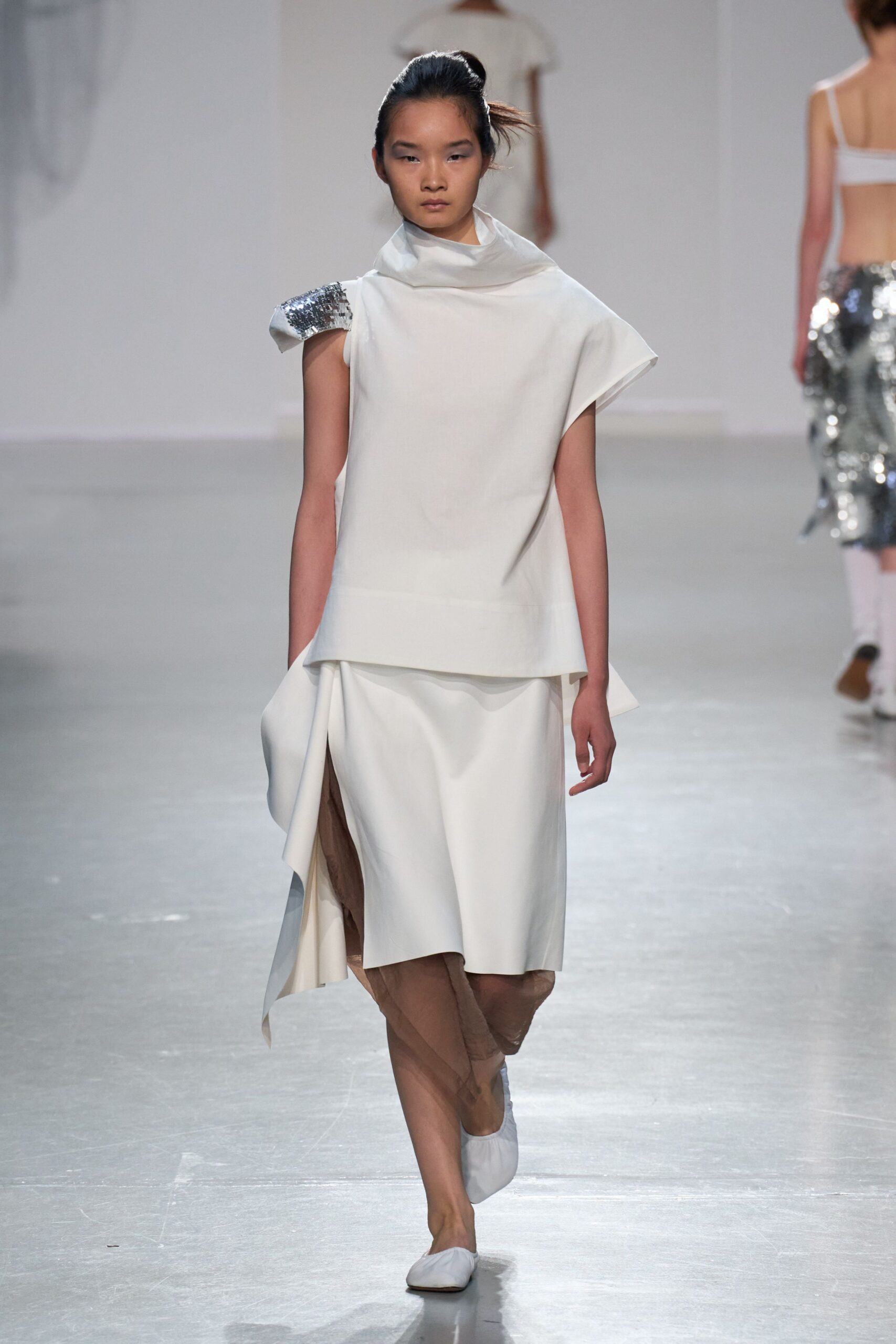 white cotton sleeveless asymmetric relaxed draped midi dress