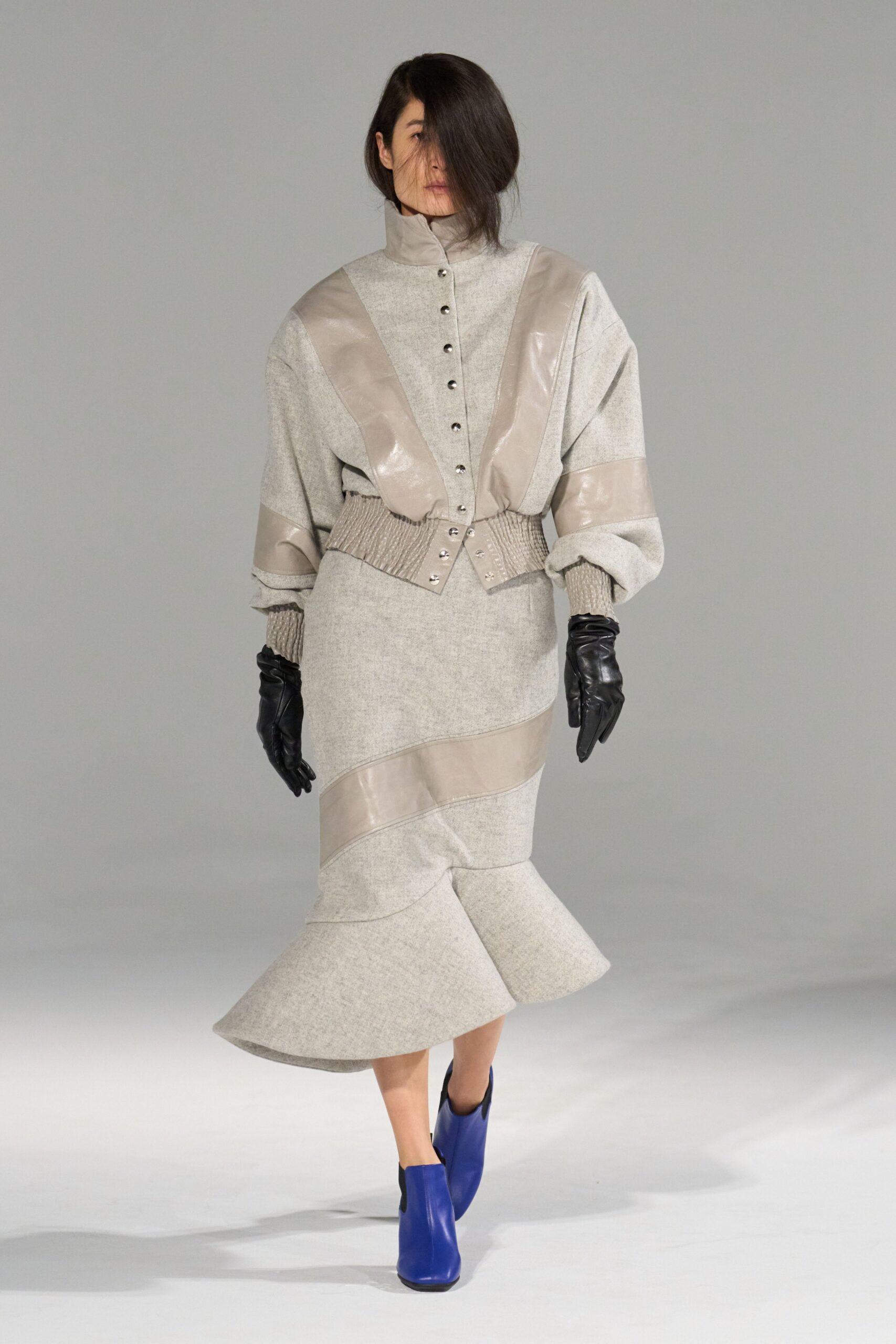 gray wool long-sleeve collared fitted pleated zippered dress