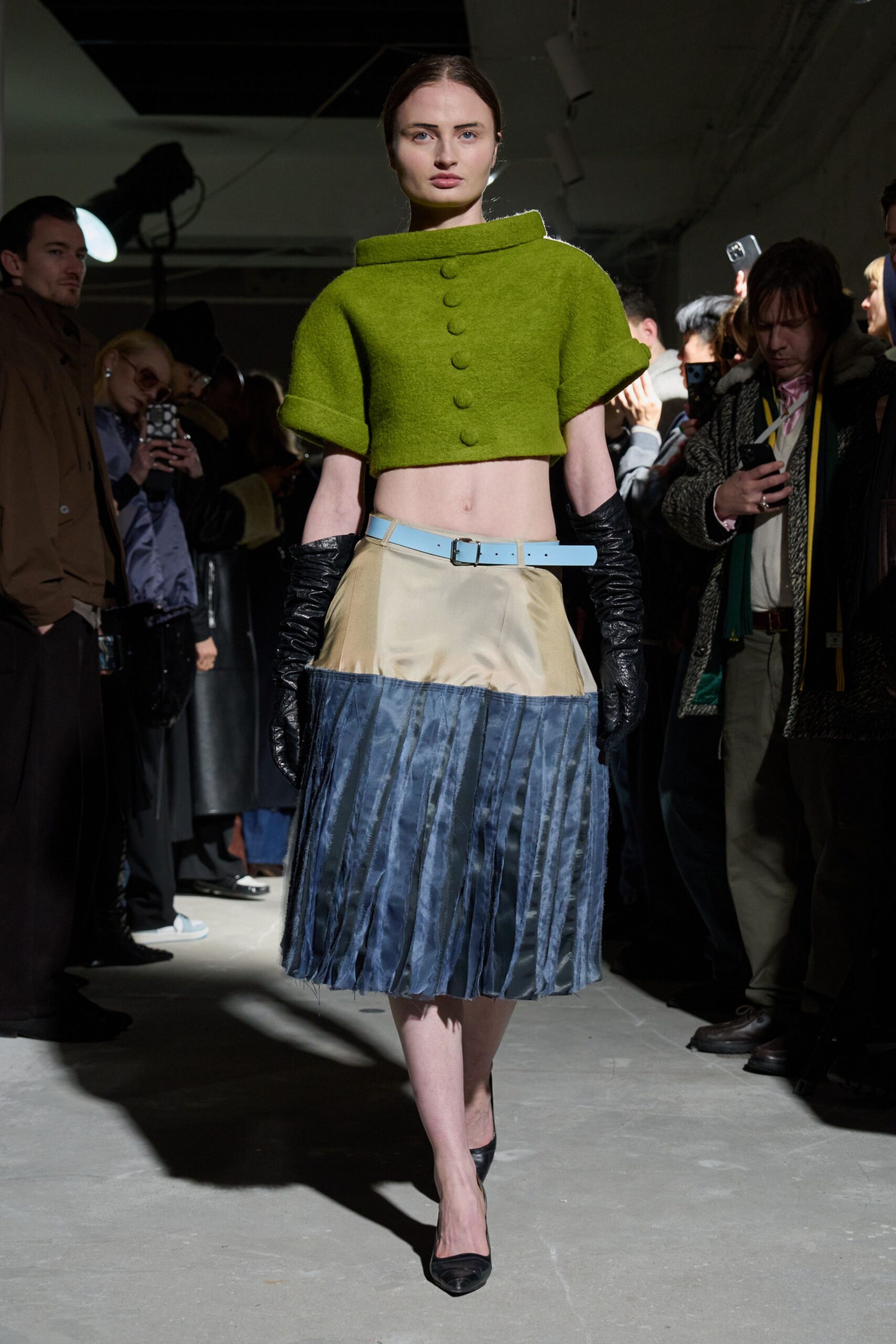 blue silk fitted pleated midi skirt