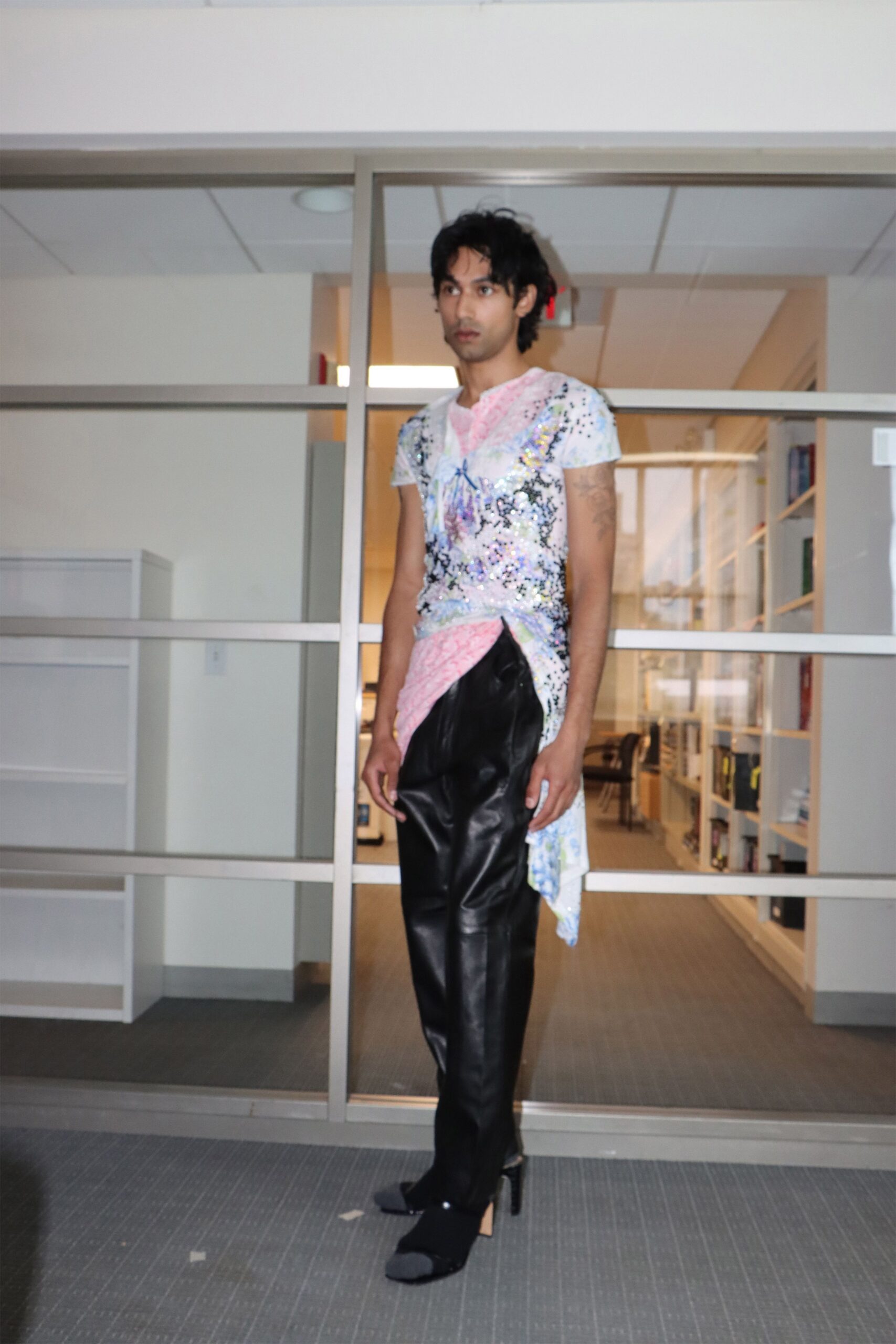 fitted printed top with leather pants