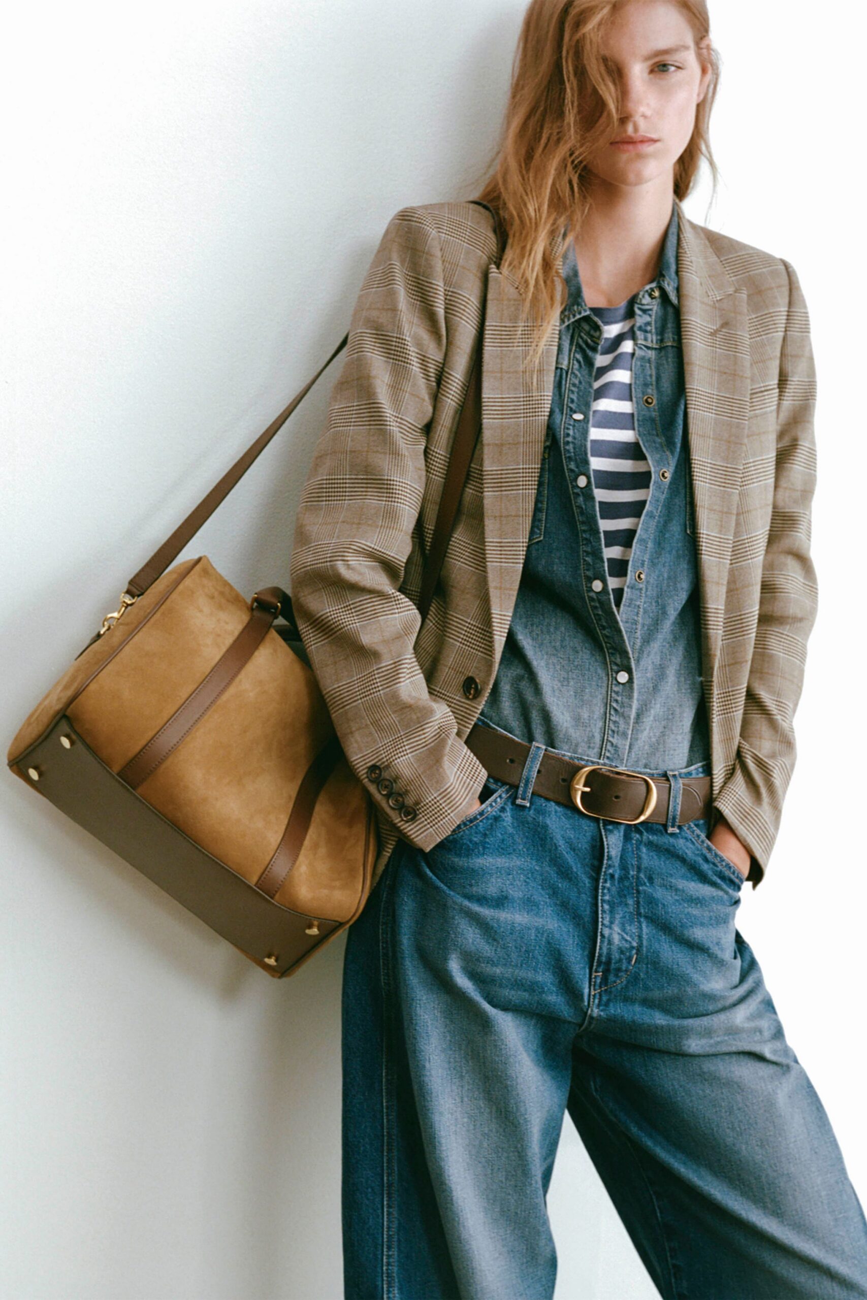beige checked blazer with denim
