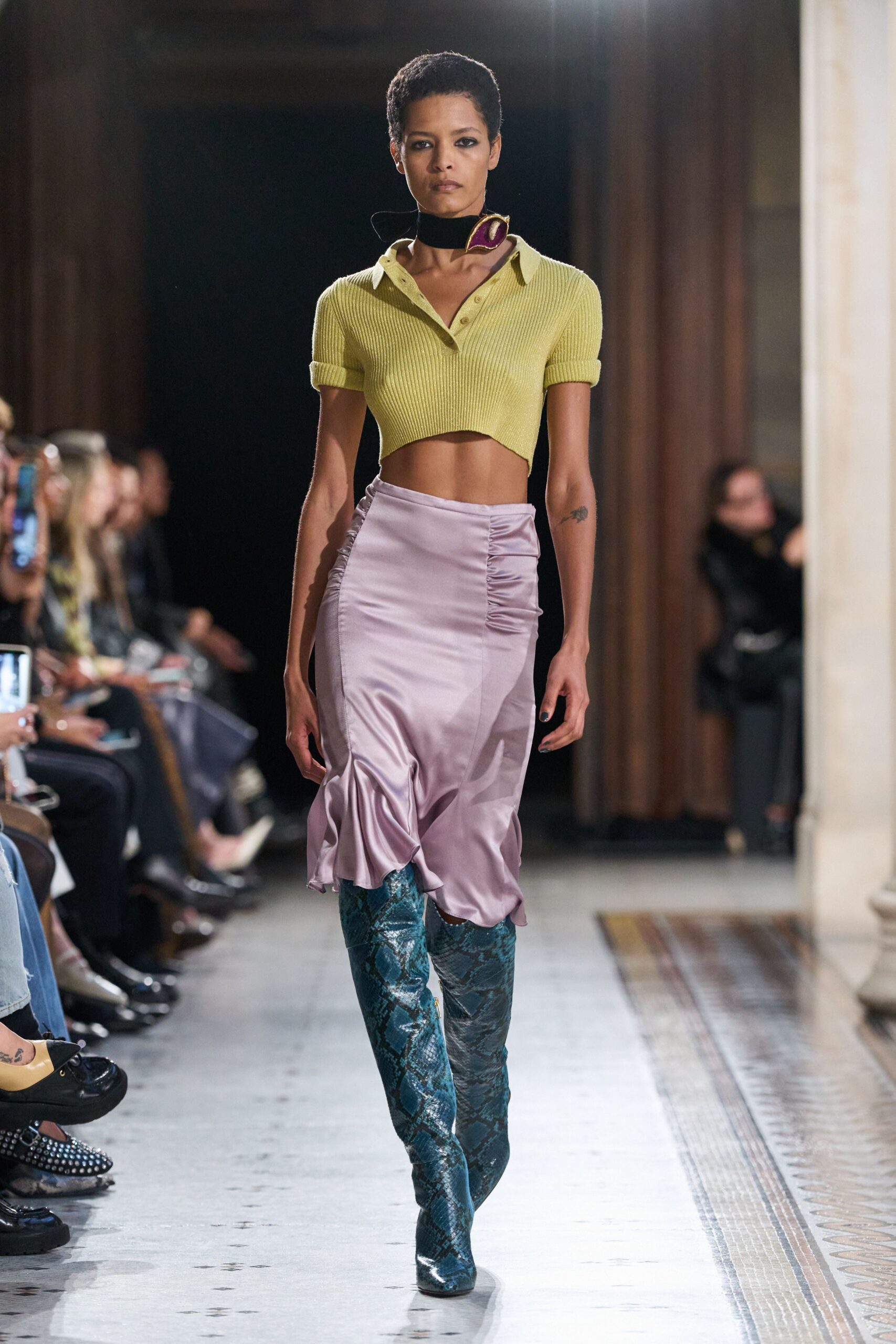 purple silk fitted ruched flared midi skirt