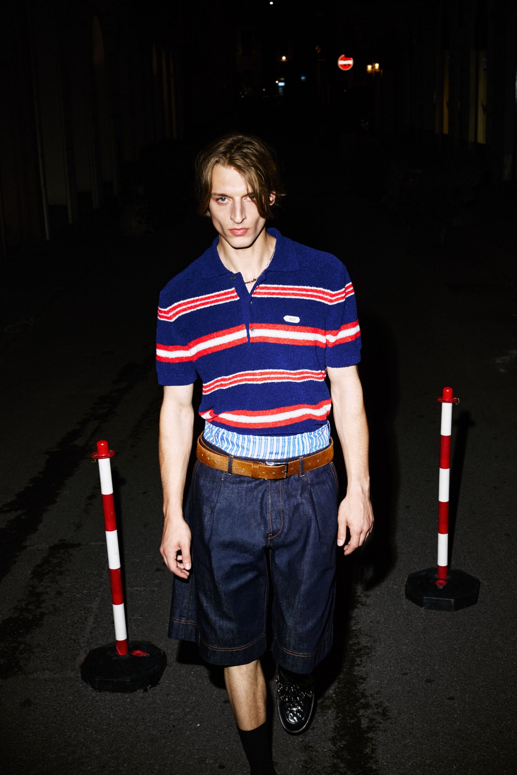 blue striped shirt with denim shorts