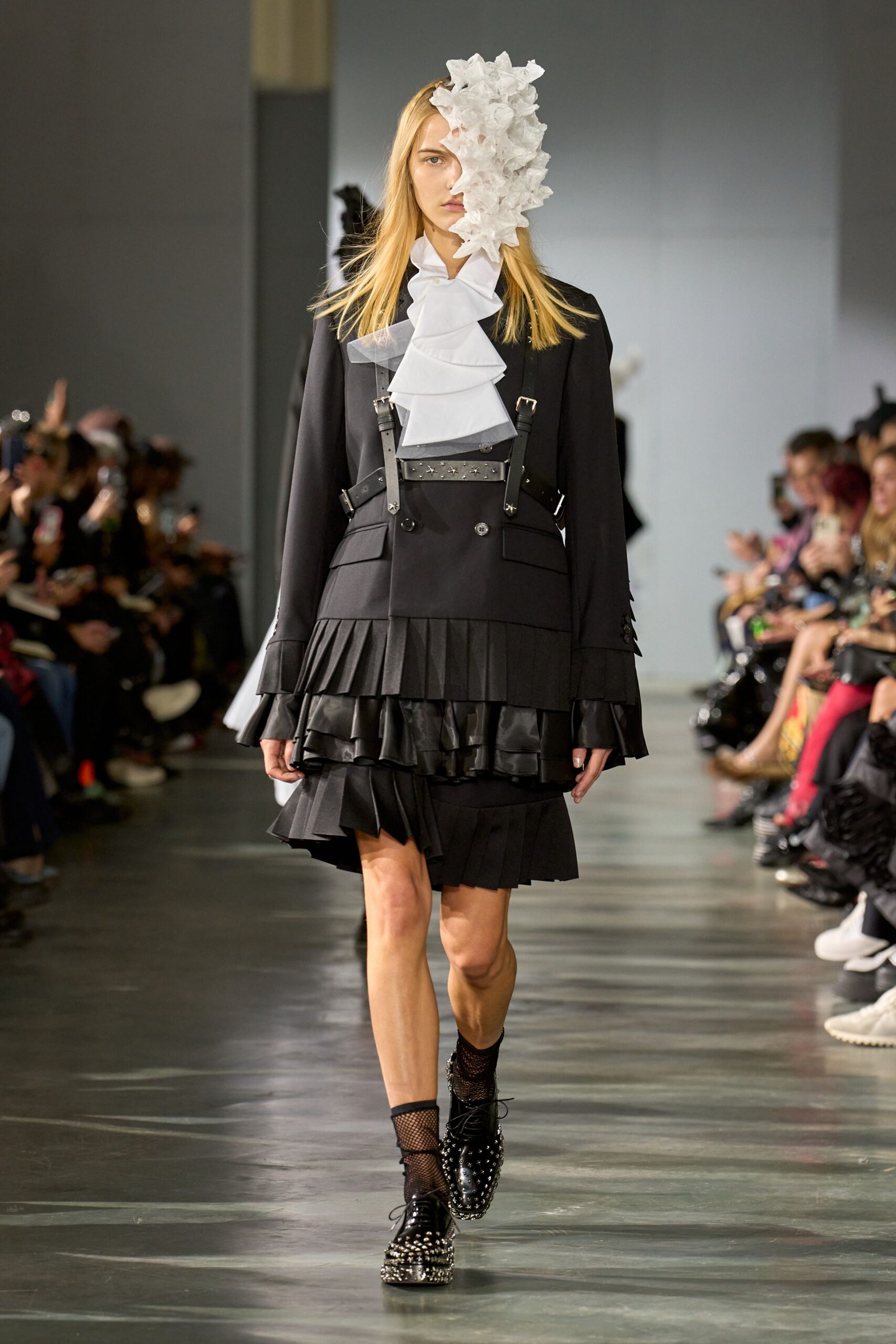 black cotton long-sleeve collared fitted pleated layered dress