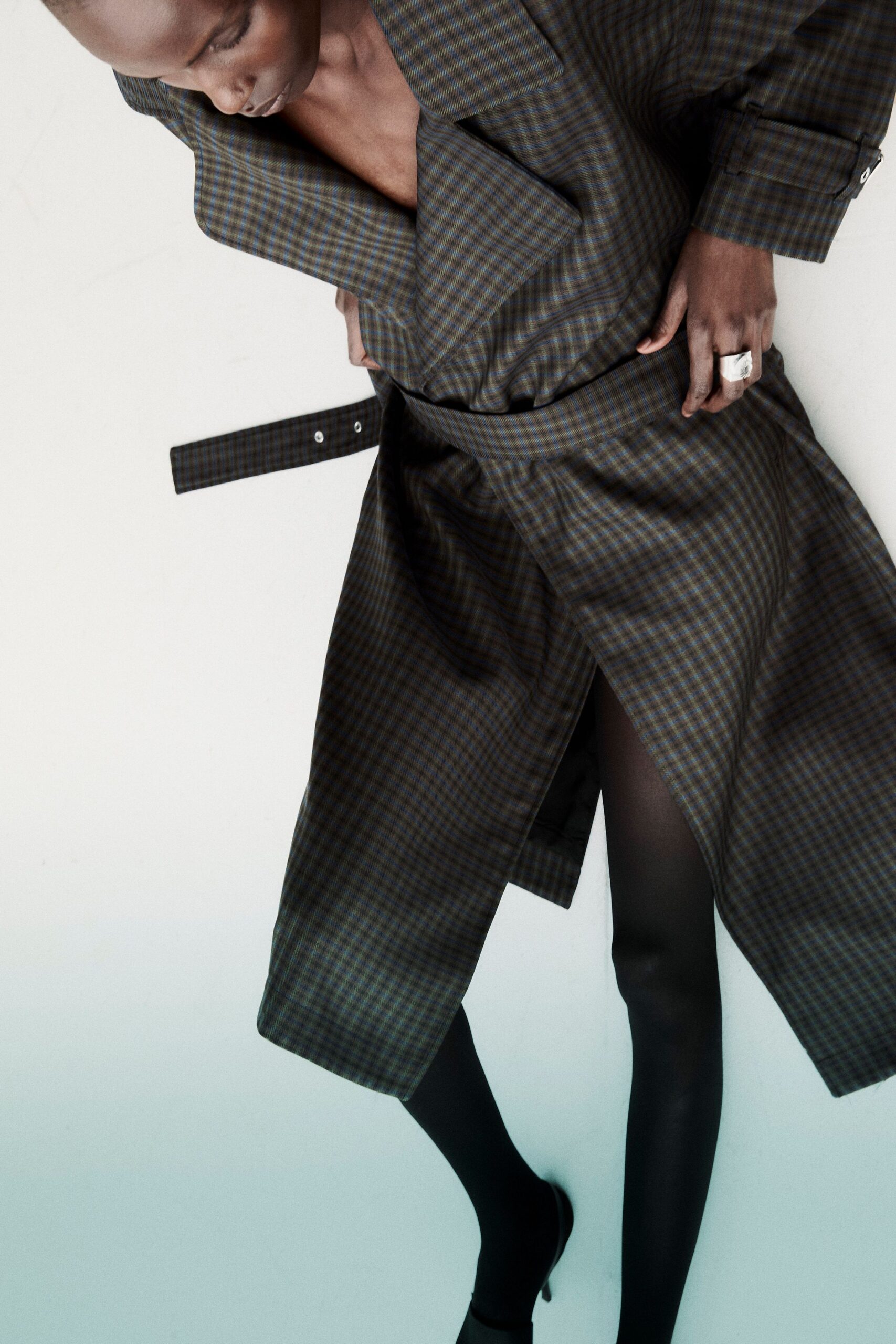 black gray checked coat and skirt