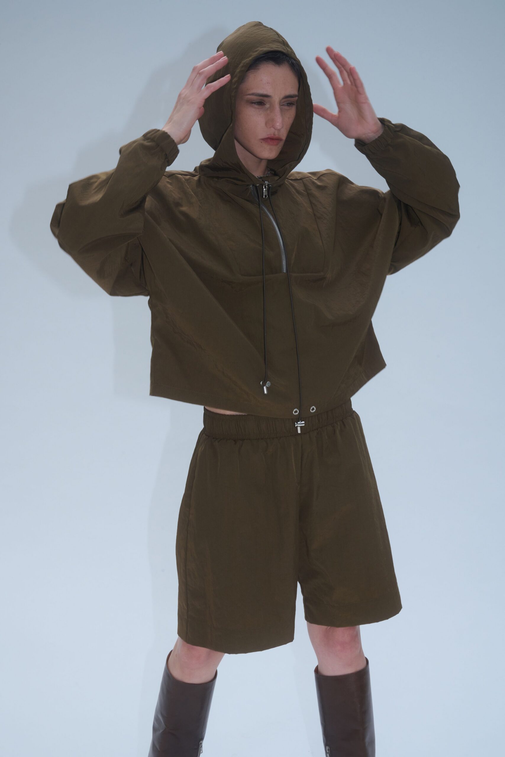 brown cotton long-sleeve hooded oversized cropped hoodie