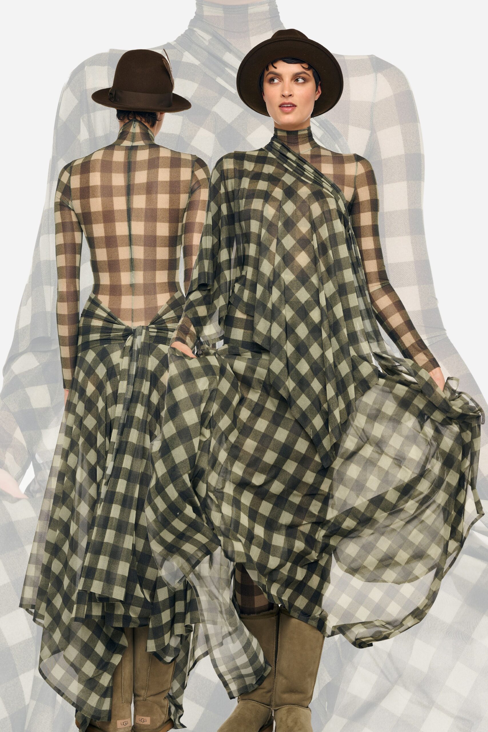 green chiffon sleeveless high-neck relaxed checked draped dress