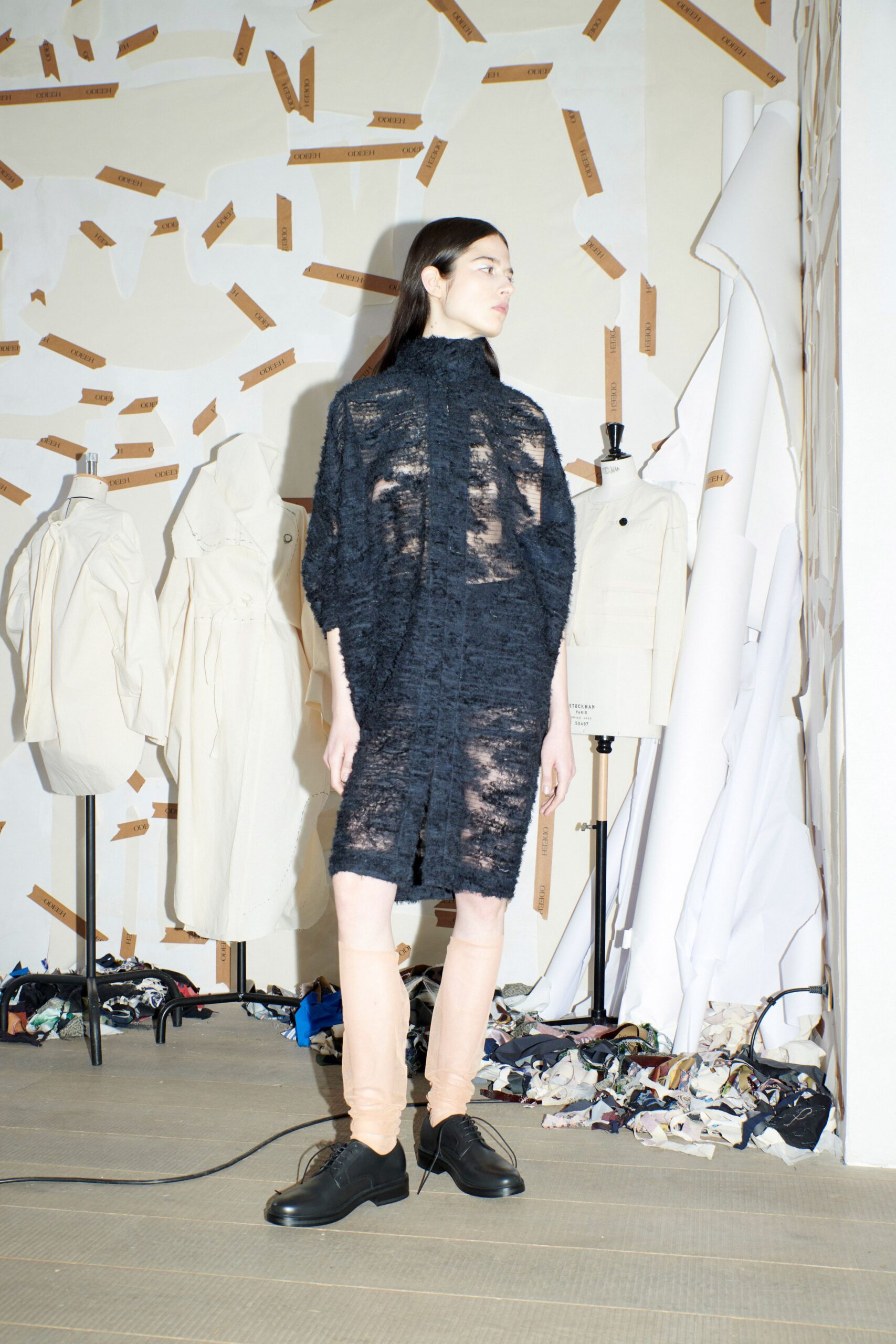 black lace long-sleeve high-neck fitted draped sheer dress