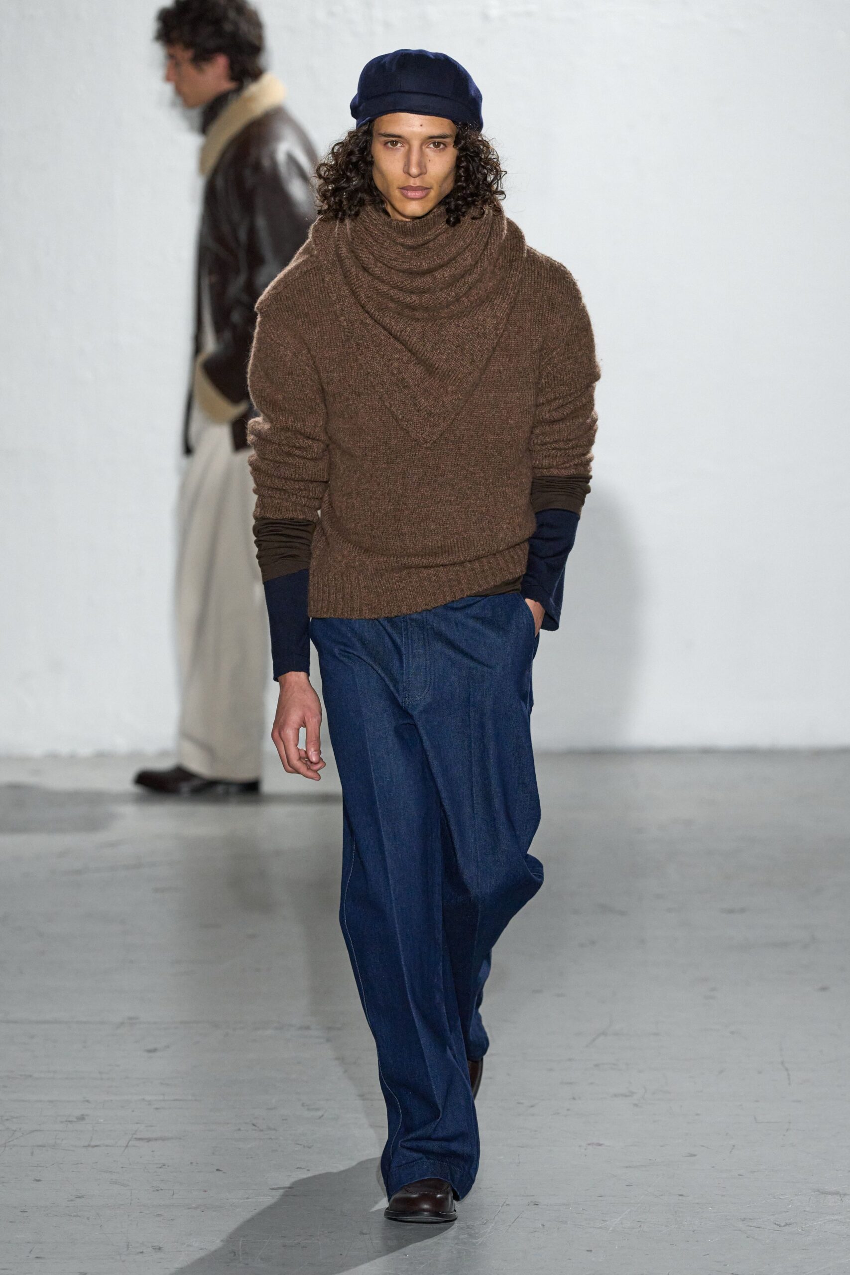 brown wool long-sleeve high-neck relaxed draped sweater
