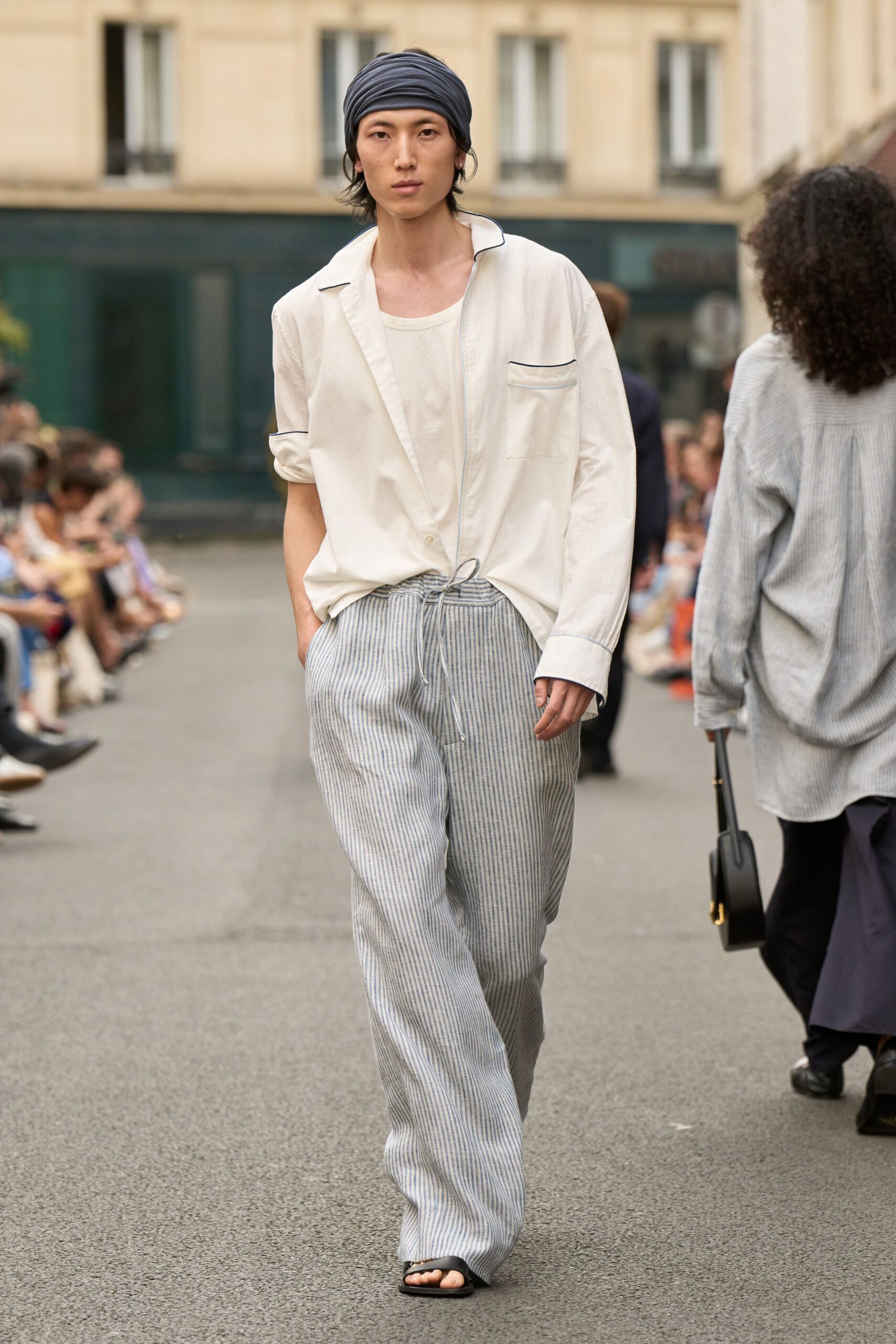relaxed white shirt with striped pants