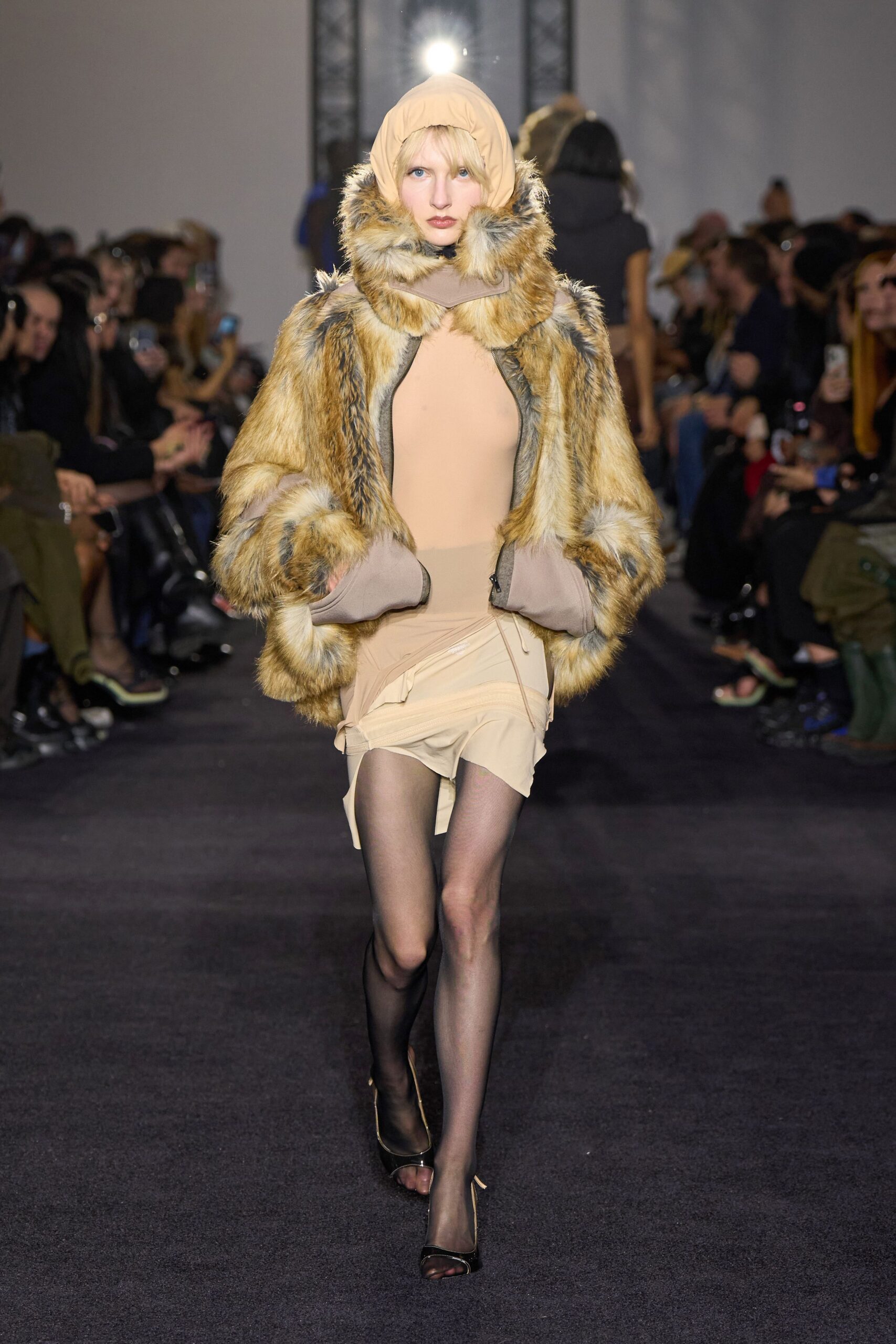 brown fur coat beige dress
