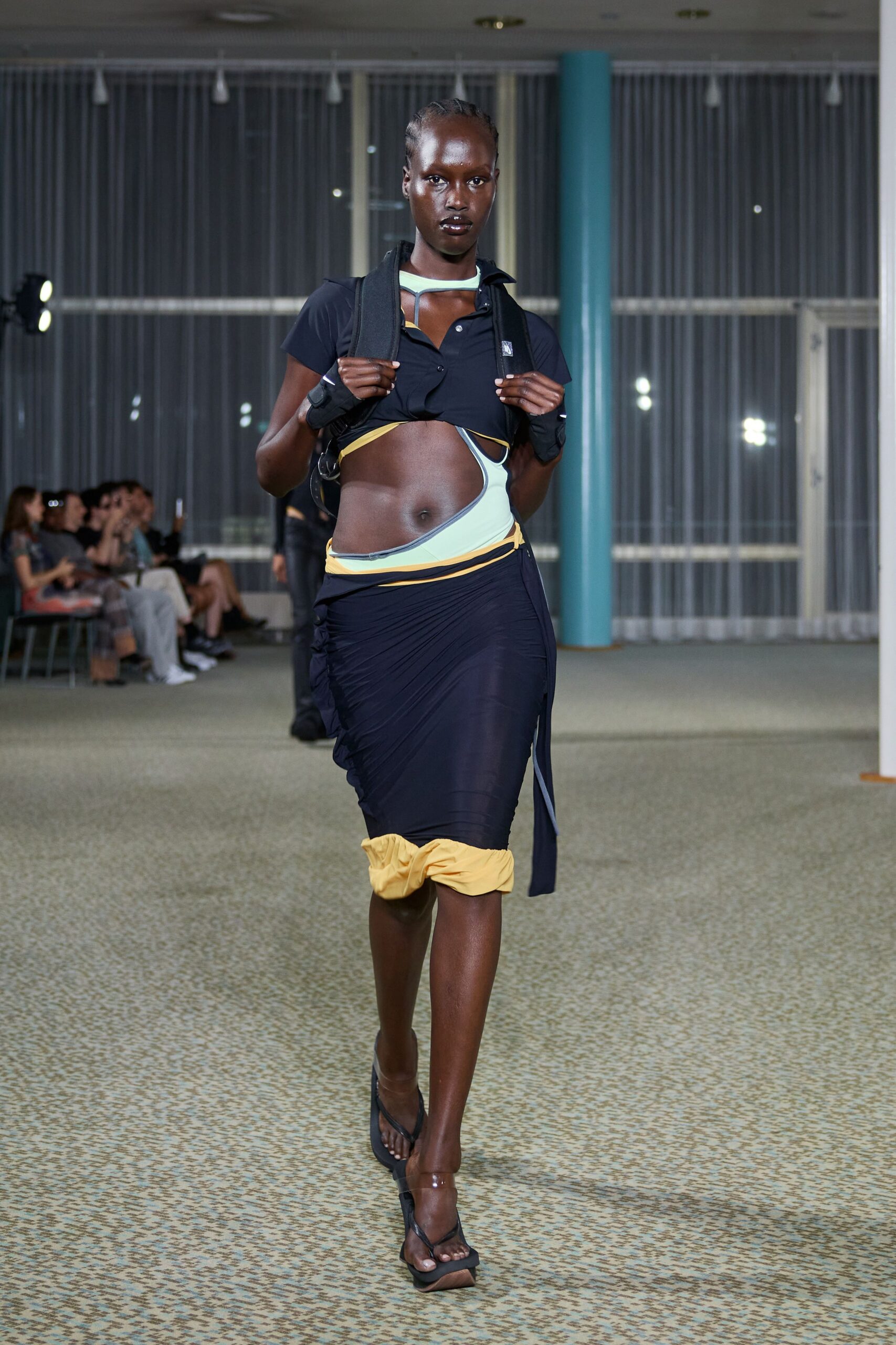 blue cotton fitted high-waisted layered skirt