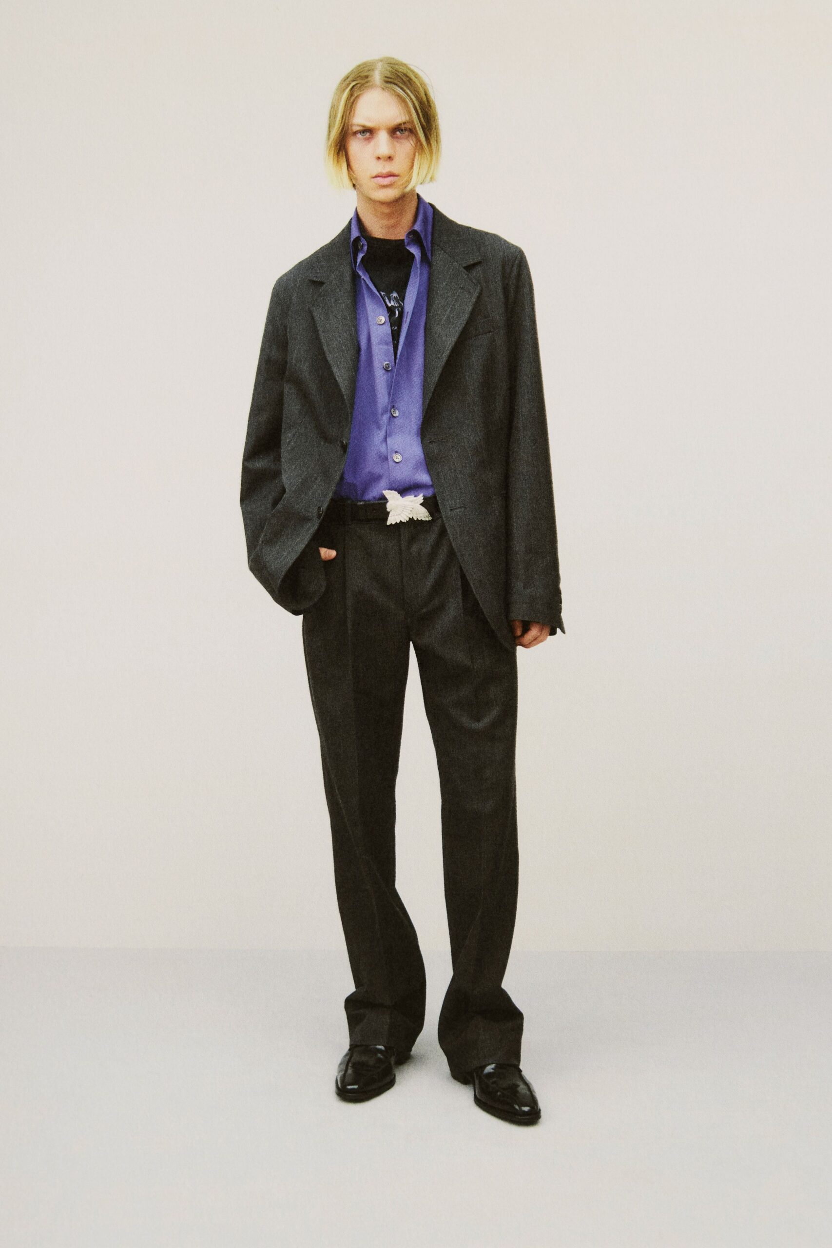 black blazer purple shirt tailored pants