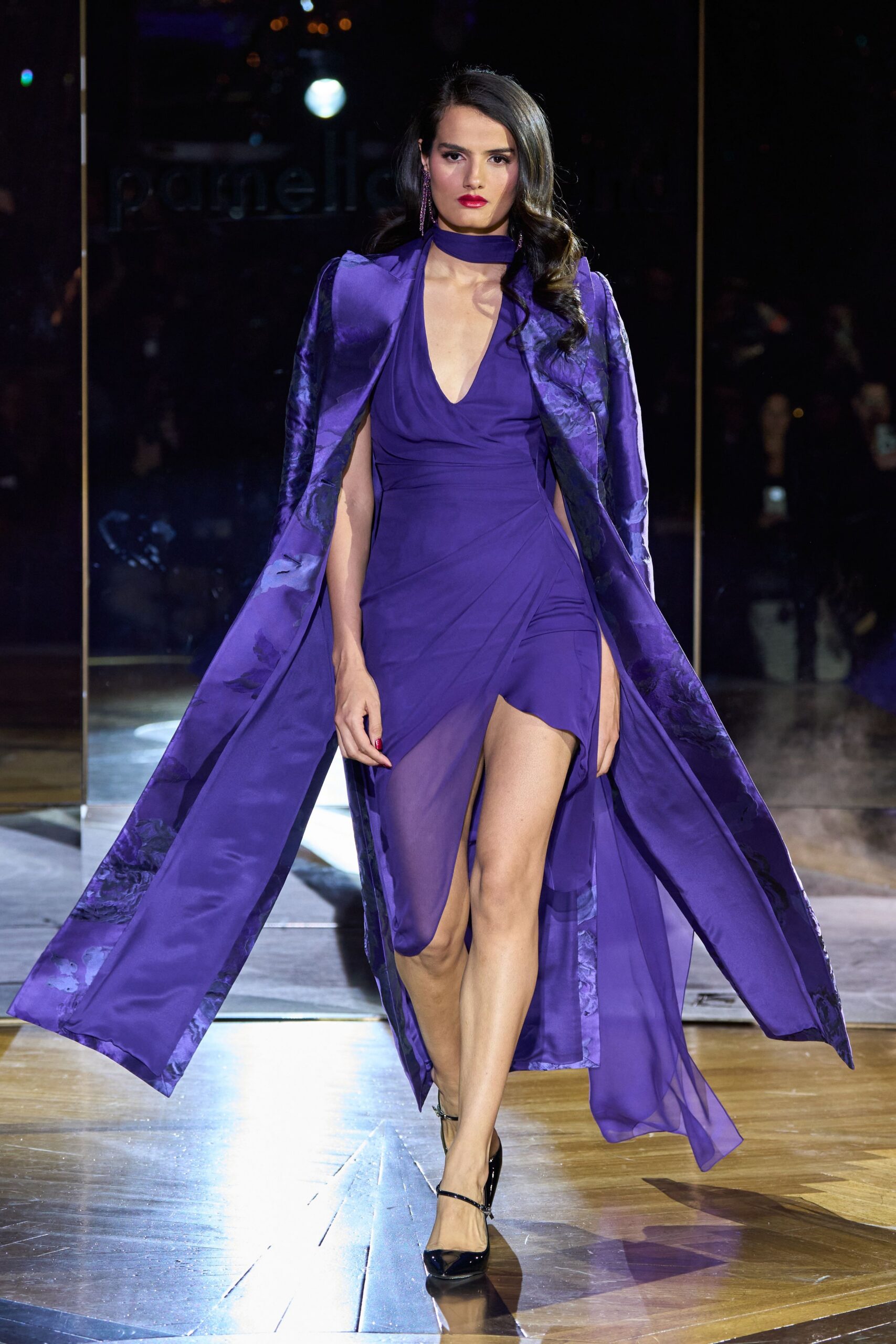 purple silk sleeveless v-neck fitted draped flowing gown
