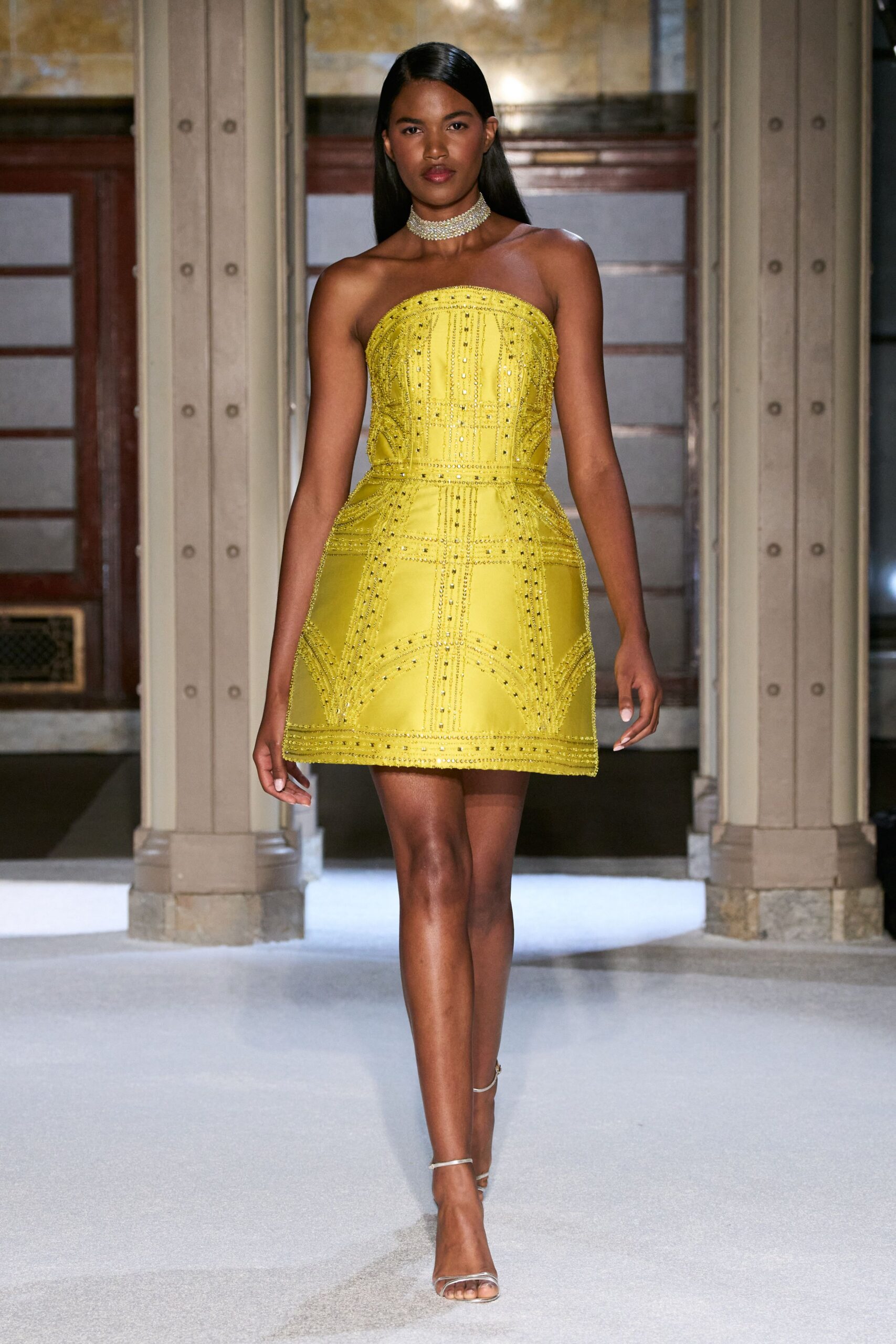 yellow silk strapless fitted embroidered mini mini-dress