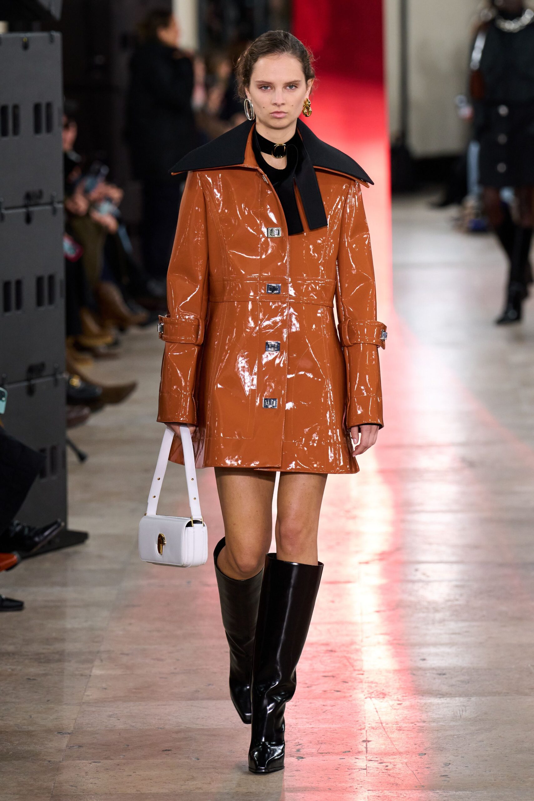 orange vinyl long-sleeve collared fitted zippered shiny coat