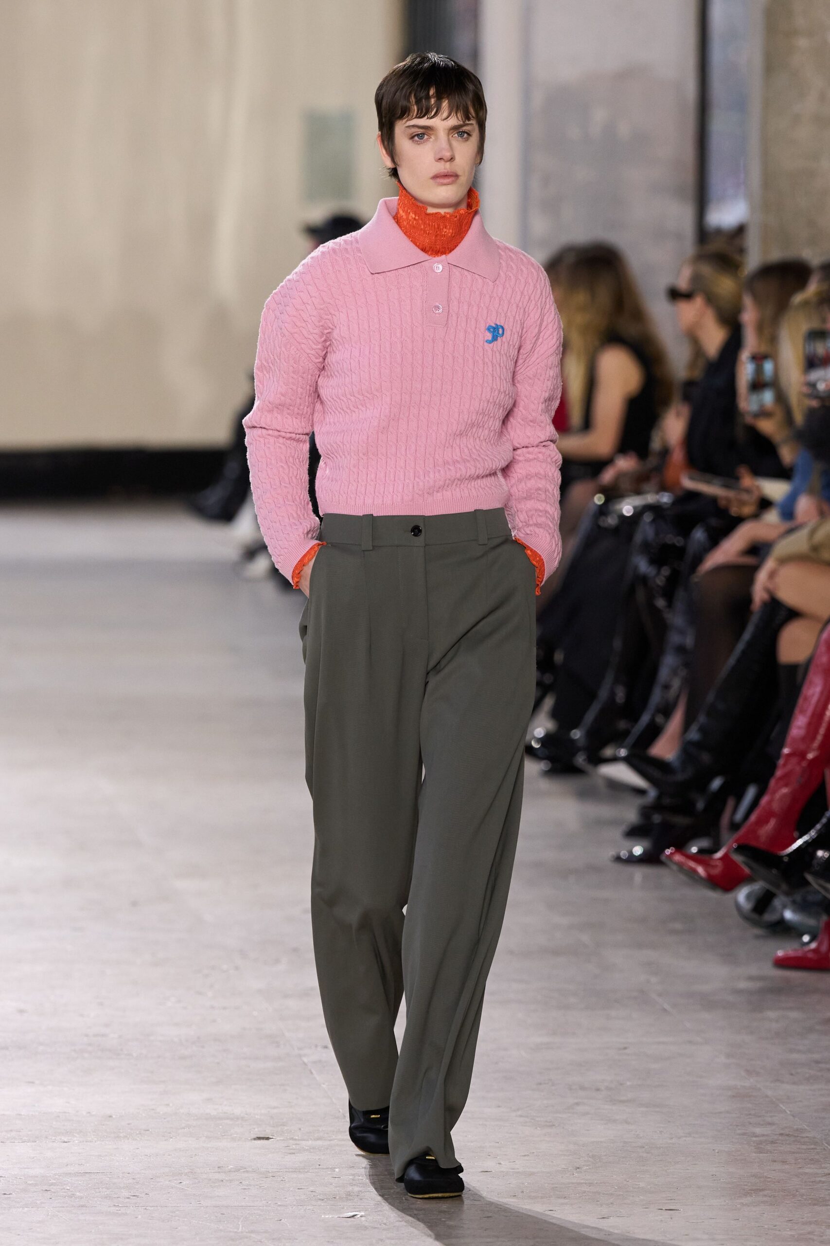 pink wool long-sleeve collared fitted ribbed sweater